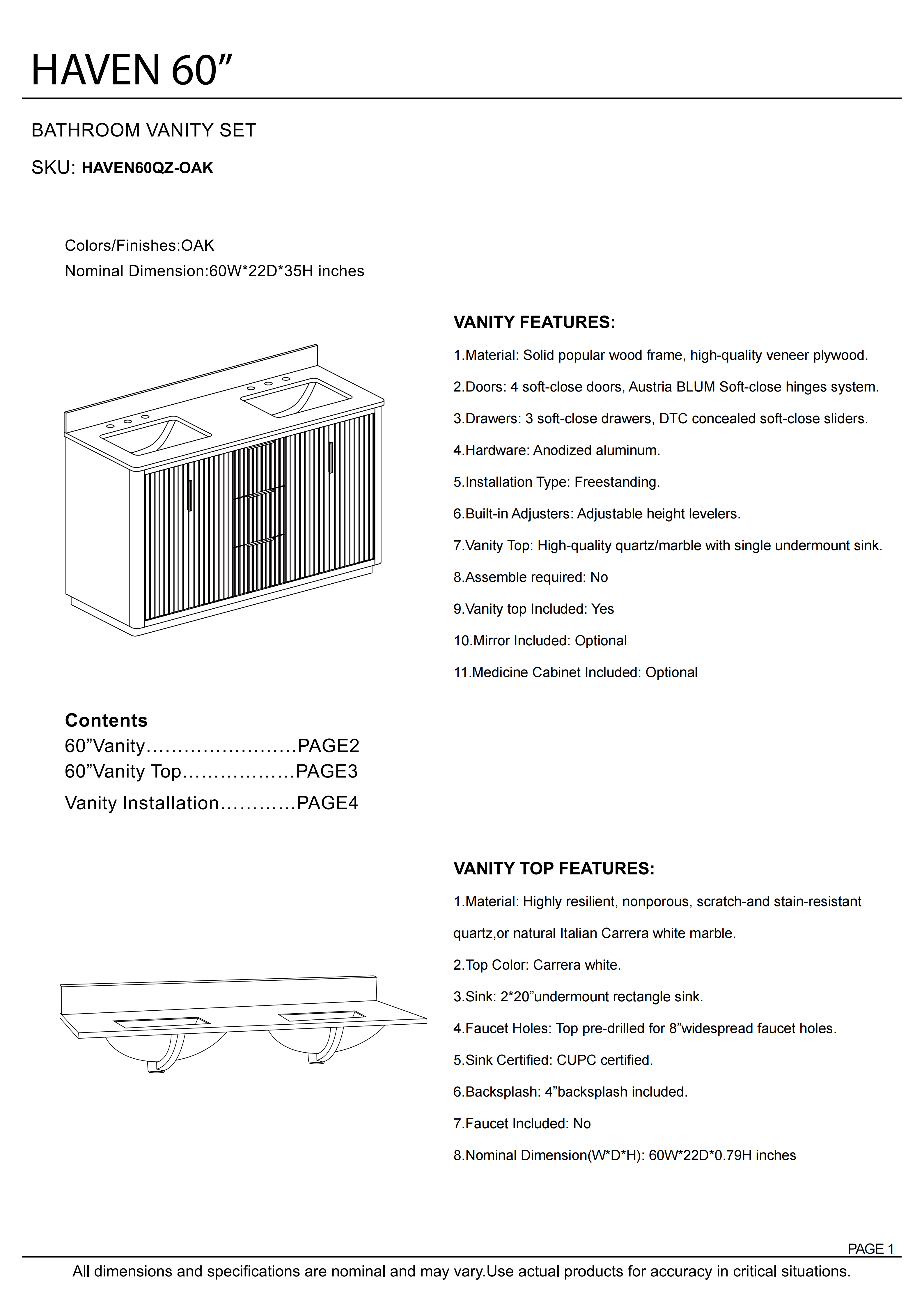 60 in. Oak Freestanding Solid Wood Bathroom Vanity with Carrara White Quartz Countertop