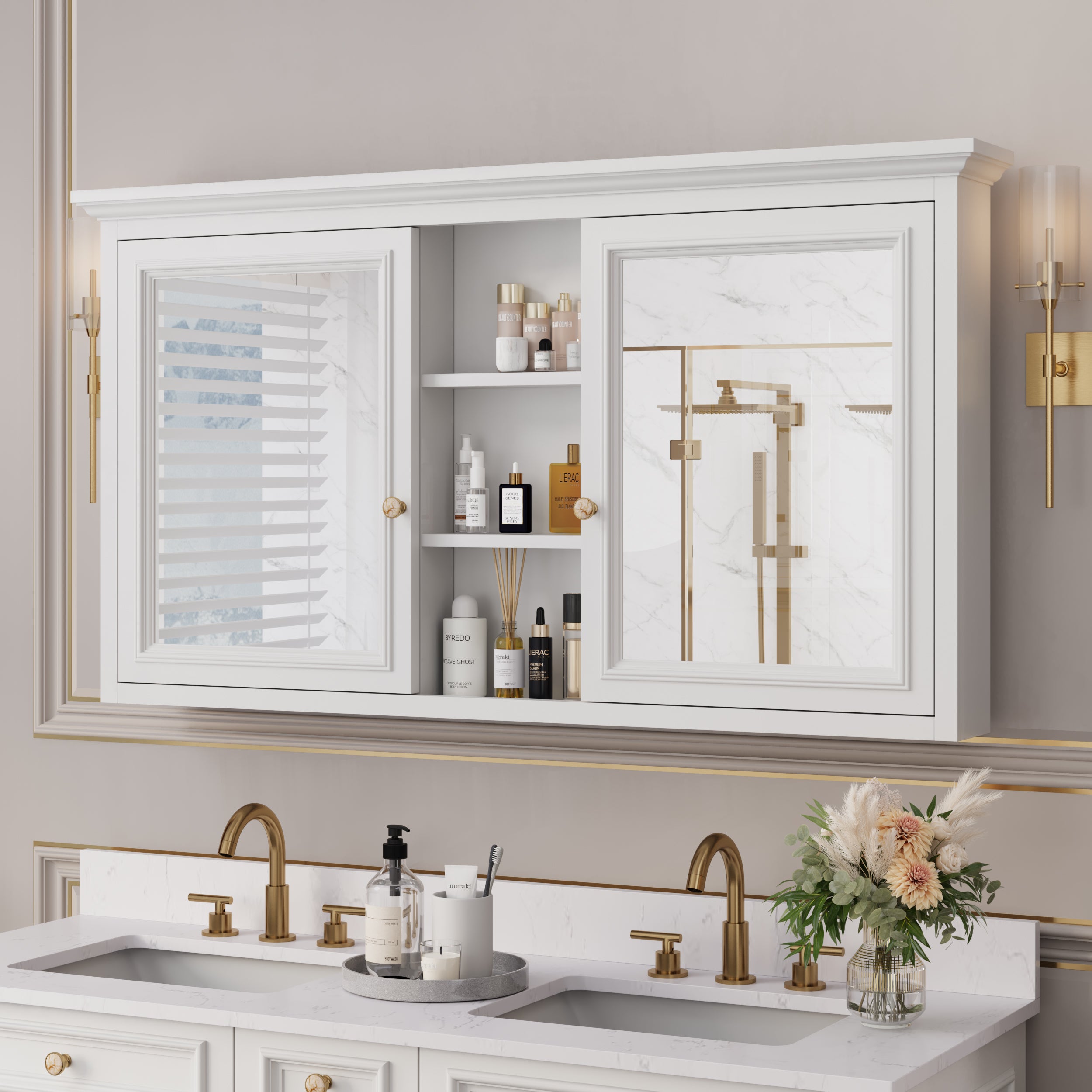 55 in. W x 30 in. H Rectangular White Solid Wood Surface-Mount Medicine Cabinet with Mirror