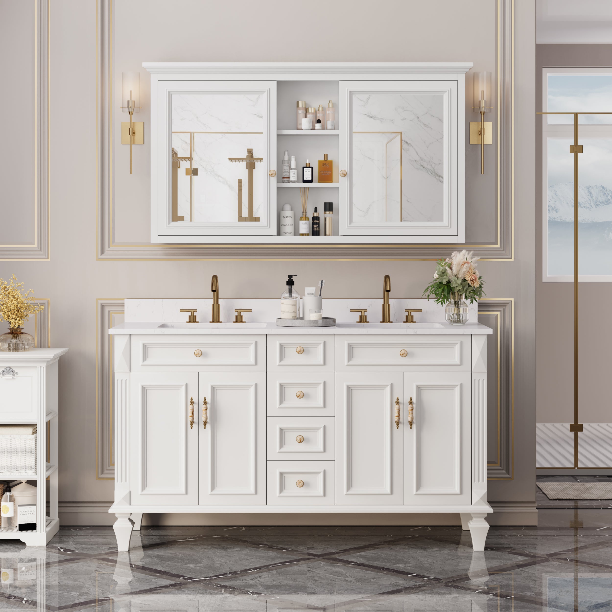 55 in. W x 30 in. H Rectangular White Solid Wood Surface-Mount Medicine Cabinet with Mirror
