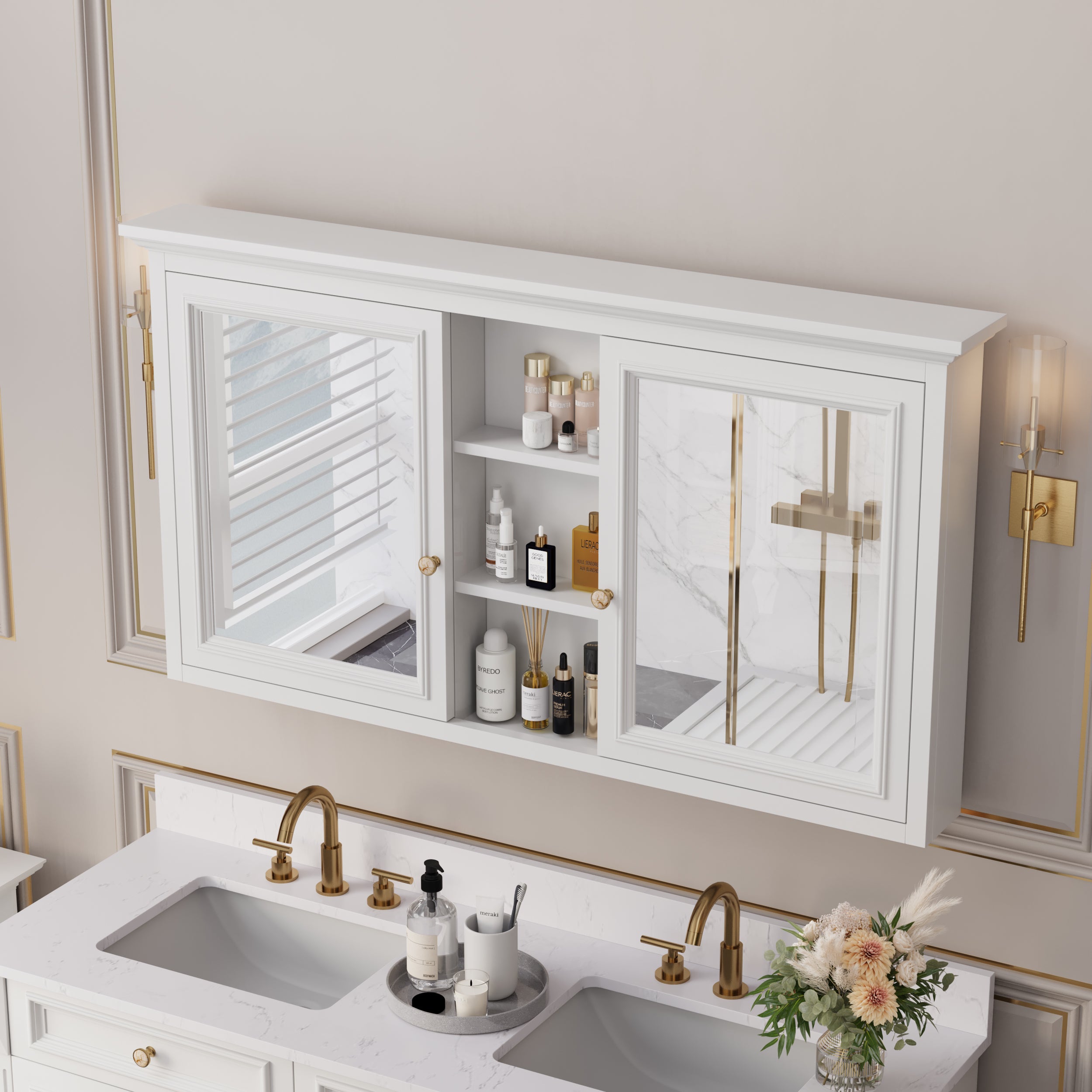 55 in. W x 30 in. H Rectangular White Solid Wood Surface-Mount Medicine Cabinet with Mirror
