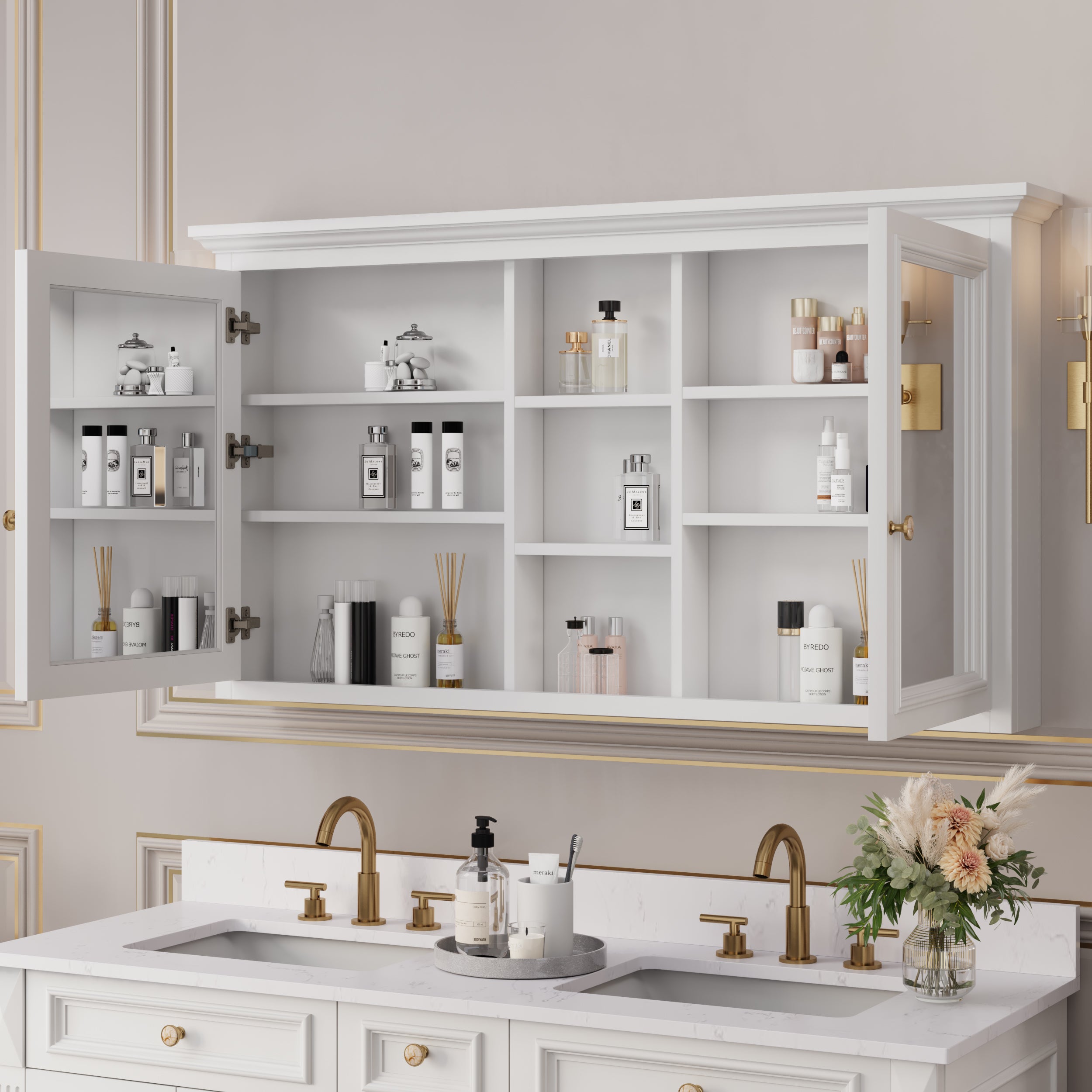 55 in. W x 30 in. H Rectangular White Solid Wood Surface-Mount Medicine Cabinet with Mirror