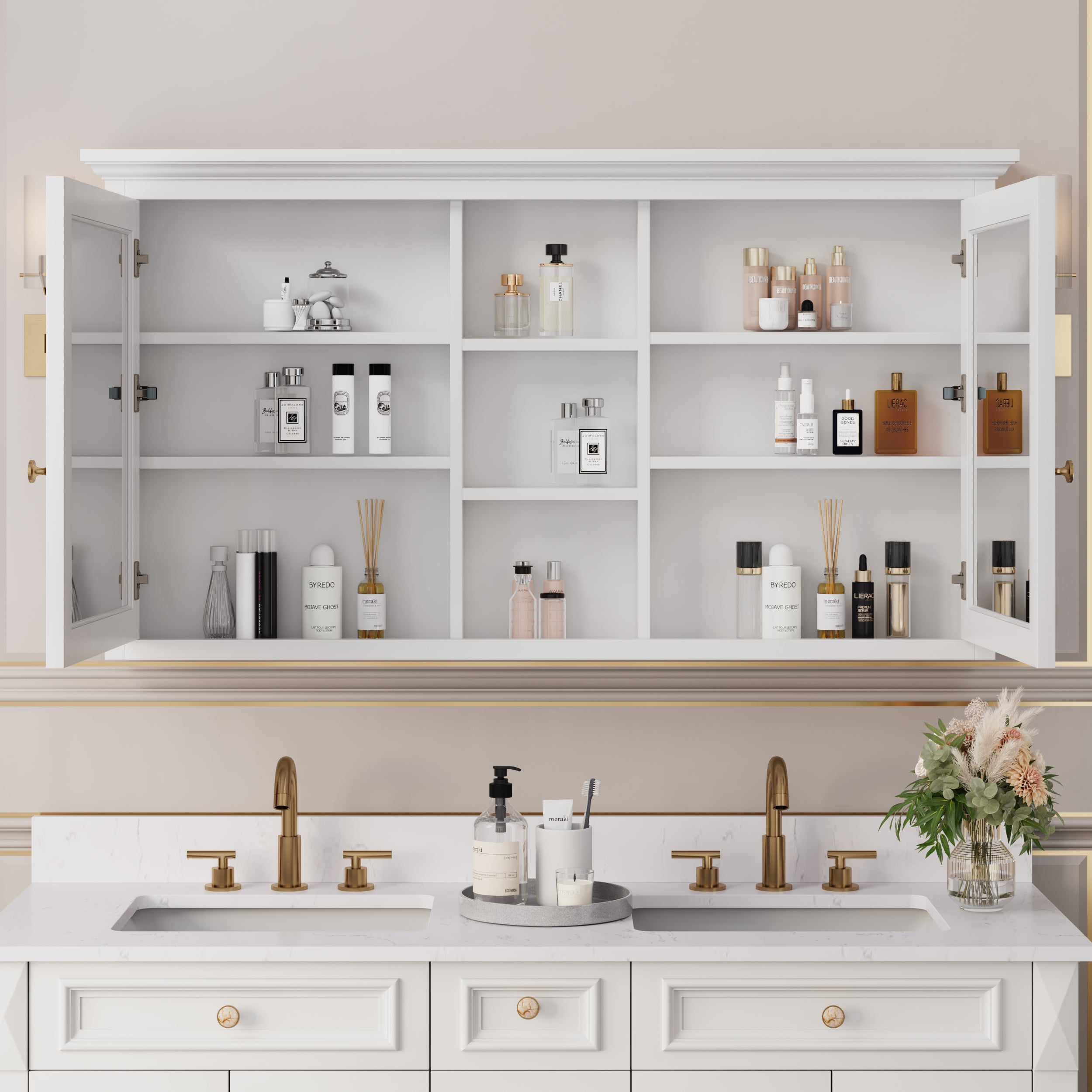 55 in. W x 30 in. H Rectangular White Solid Wood Surface-Mount Medicine Cabinet with Mirror