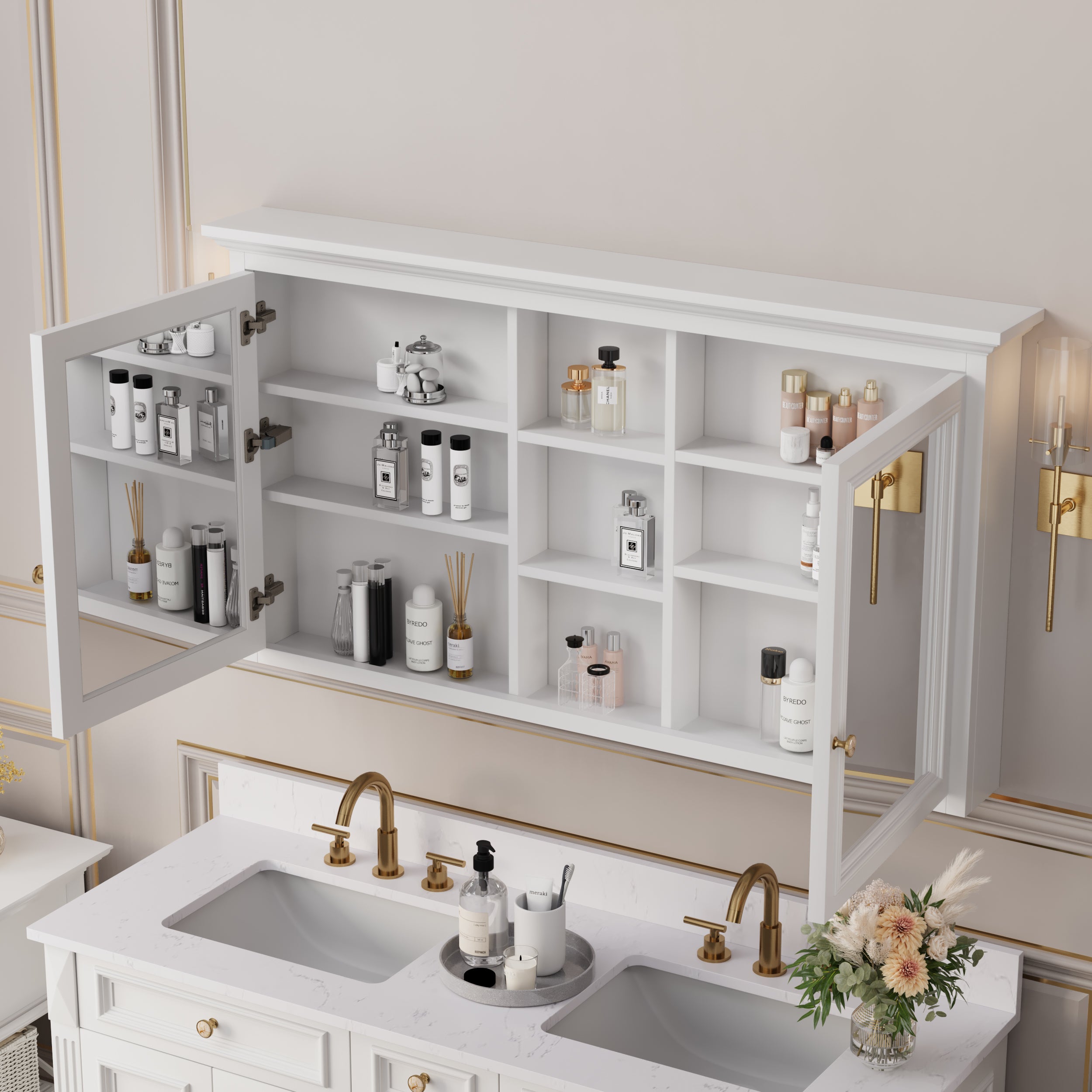 55 in. W x 30 in. H Rectangular White Solid Wood Surface-Mount Medicine Cabinet with Mirror