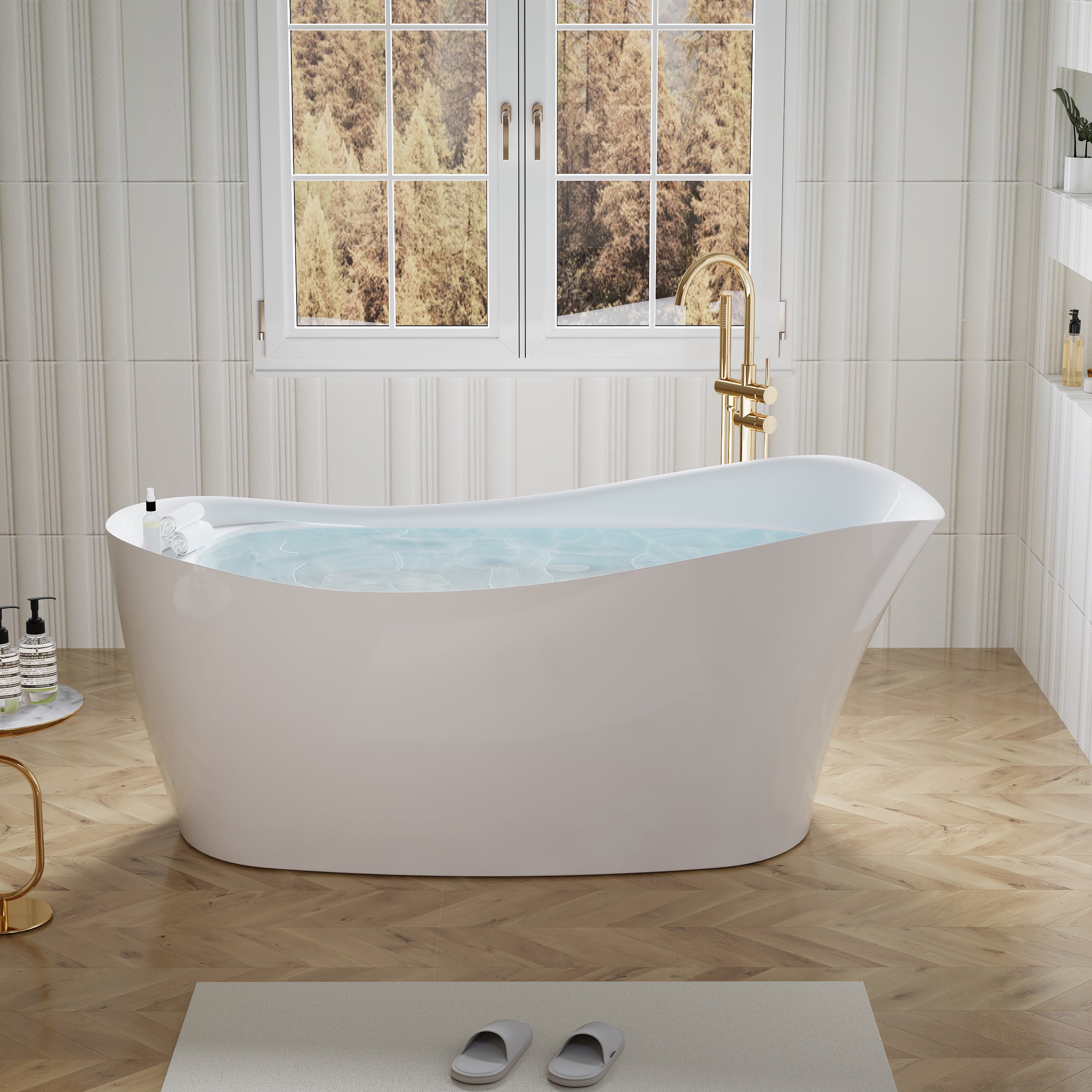 69" Freestanding Glossy White Acrylic Bathtub with Slotted Overflow and Drainer