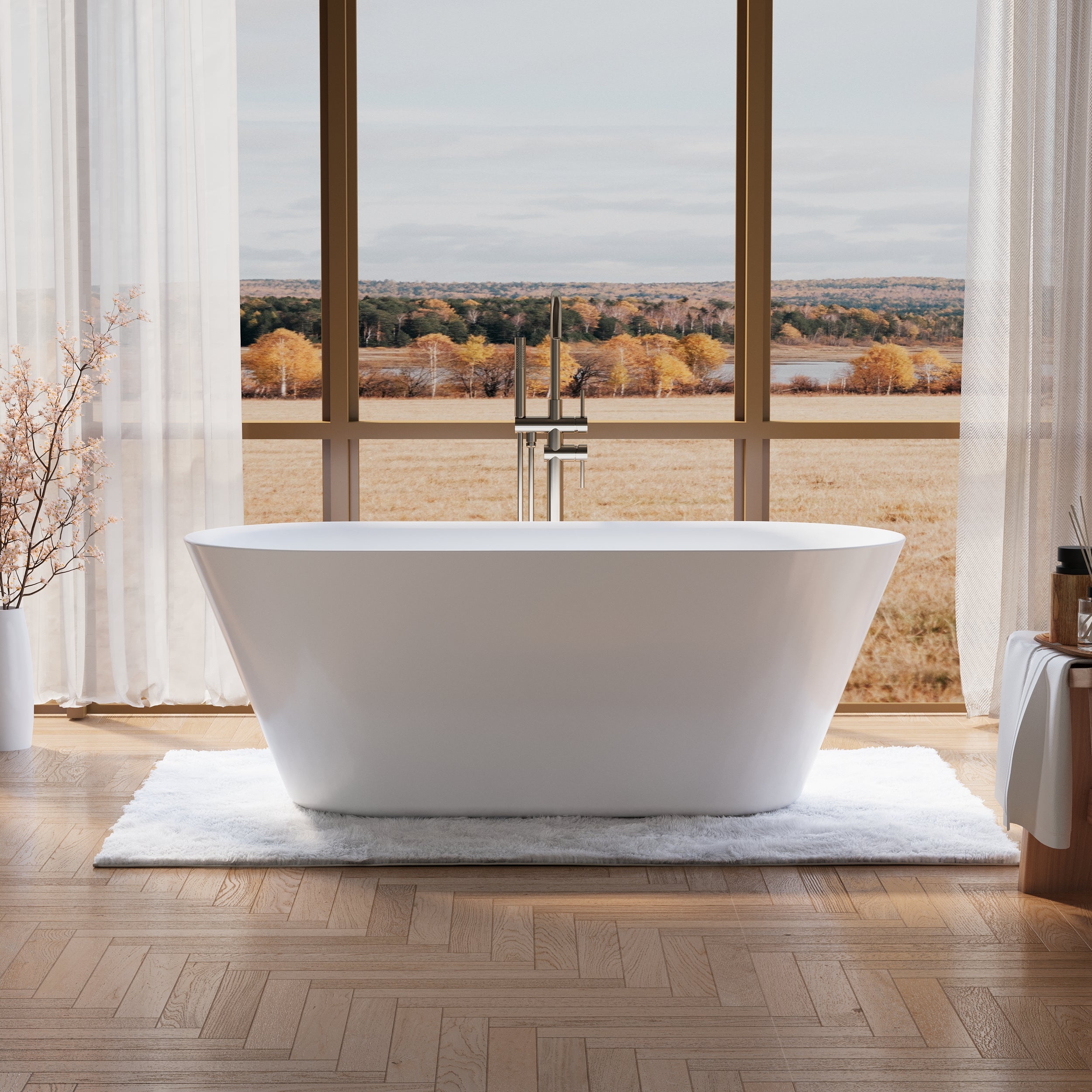 63" Glossy White Acrylic Freestanding Bathtub with Integrated Slotted Overflow and Pop-up Drainer