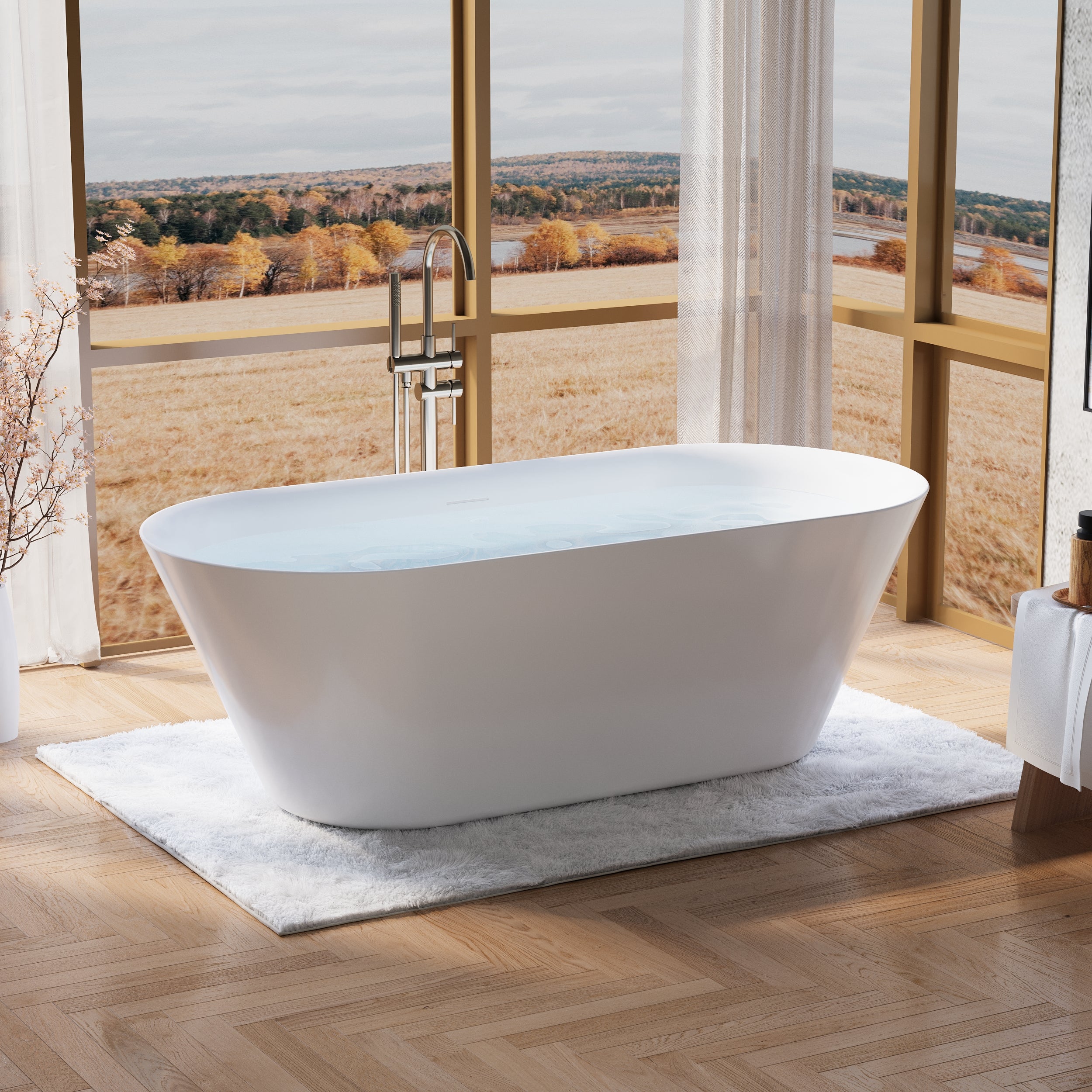 71" Glossy White Acrylic Freestanding Bathtub with Integrated Slotted Overflow and Pop-up Drainer