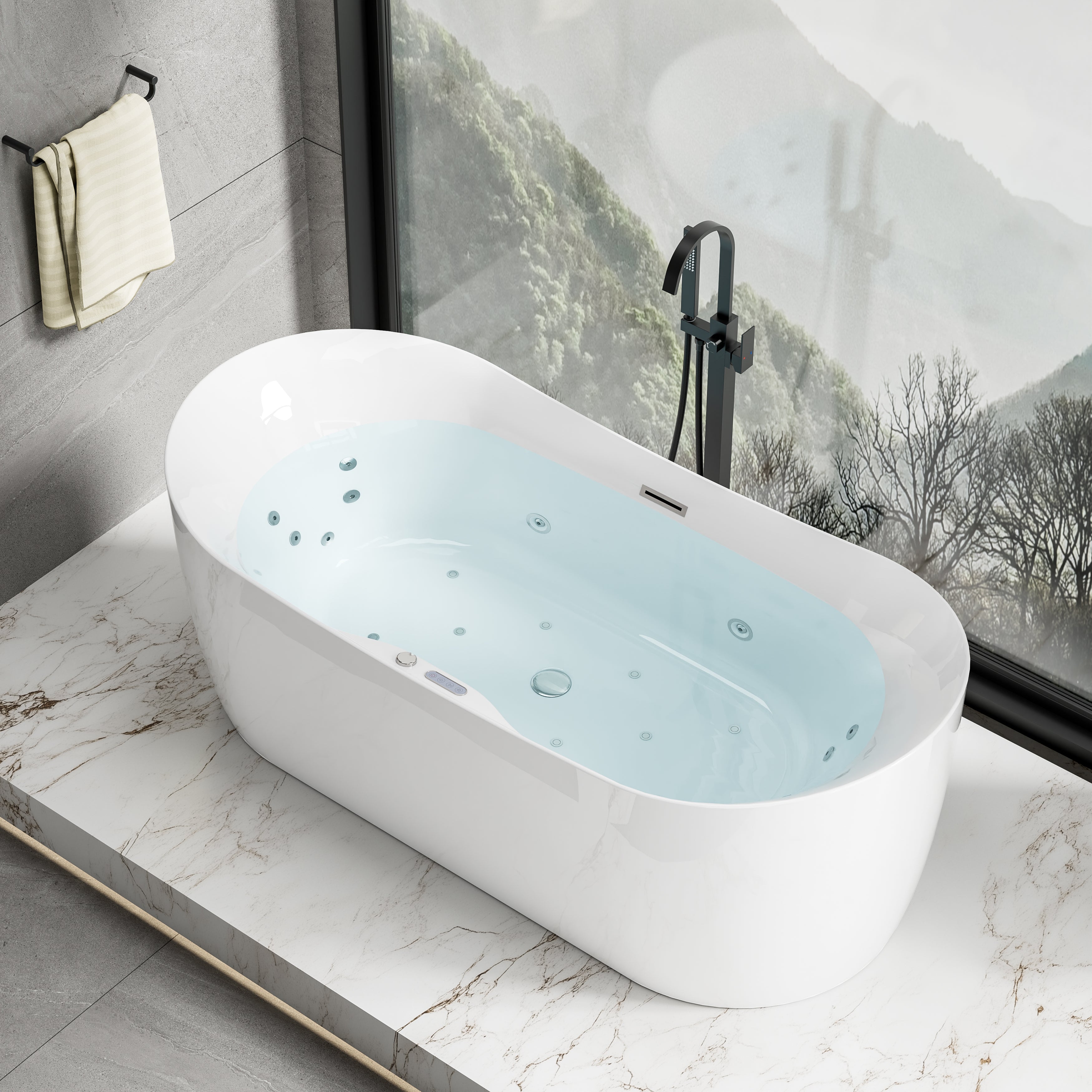 72 in. x 34 in. Acrylic Freestanding Whirlpool & Air Bubble Heated Bathtub with LED Control Panel, Water Jets, Drain & Overflow, Glossy White