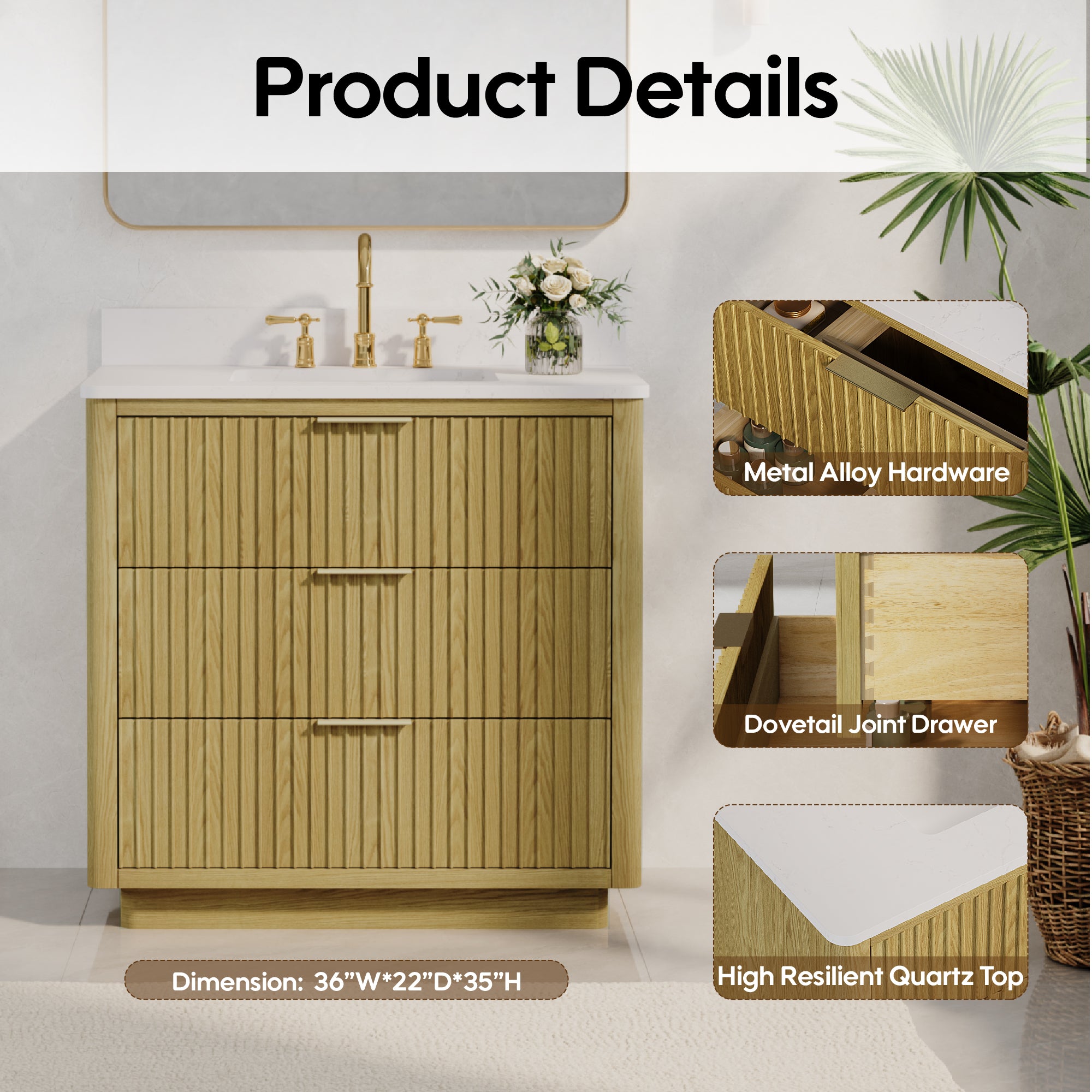 36 in. Oak Freestanding Solid Wood Bathroom Vanity with Carrara White Quartz Countertop