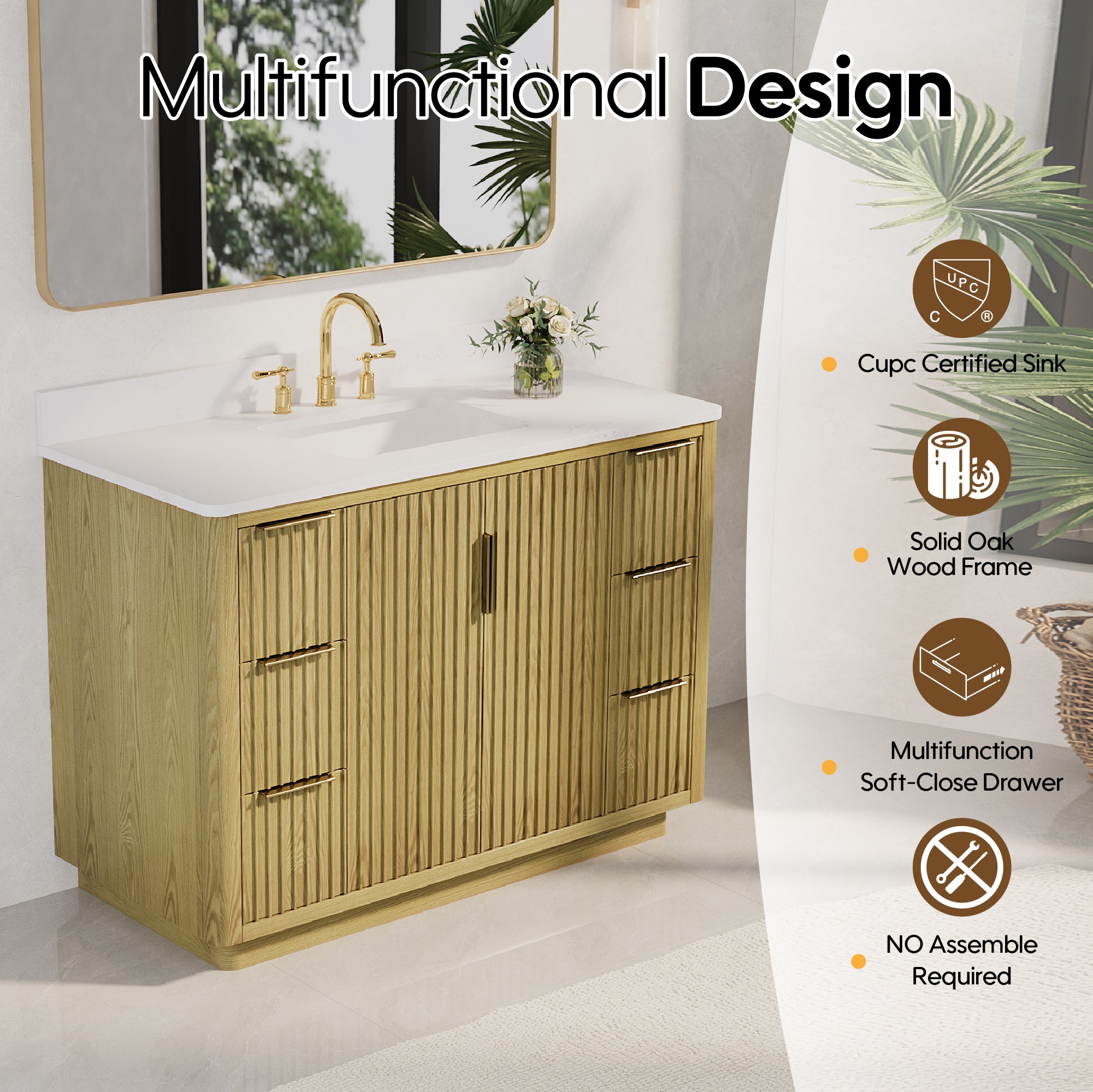 48 in. Oak Freestanding Solid Wood Bathroom Vanity with Carrara White Quartz Countertop