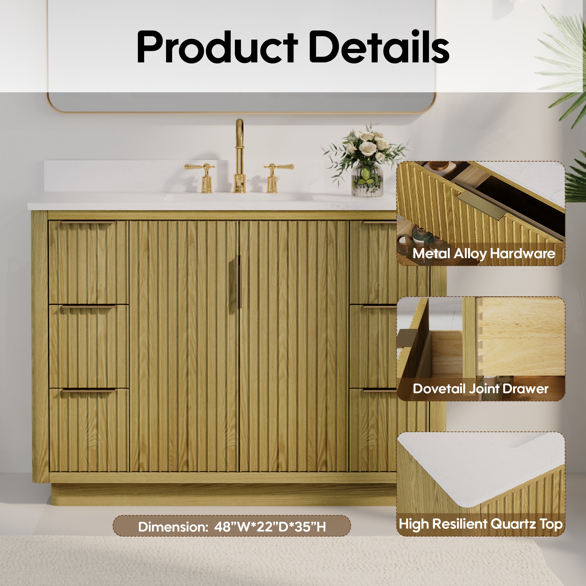 48 in. Oak Freestanding Solid Wood Bathroom Vanity with Carrara White Quartz Countertop