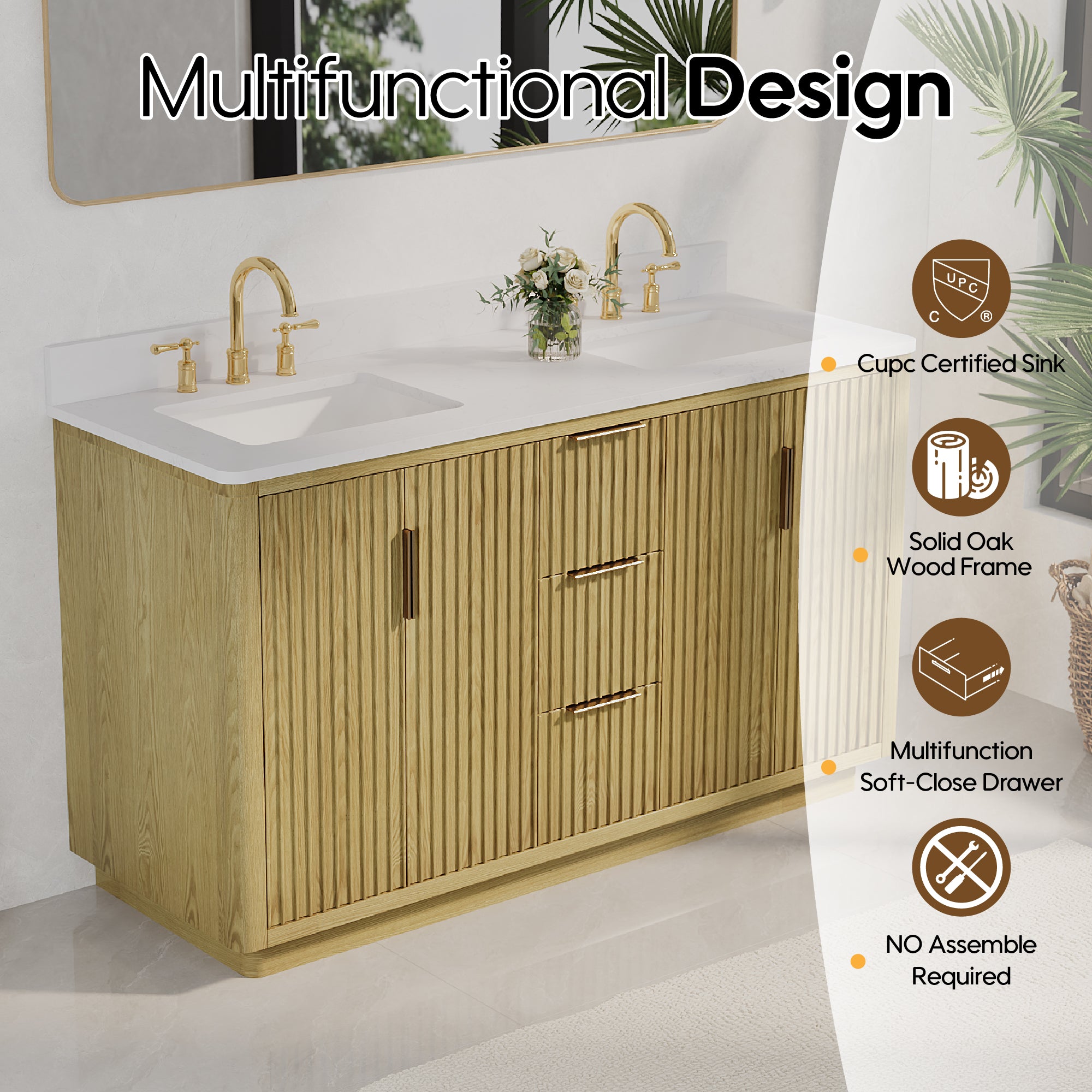 60 in. Oak Freestanding Solid Wood Bathroom Vanity with Carrara White Quartz Countertop