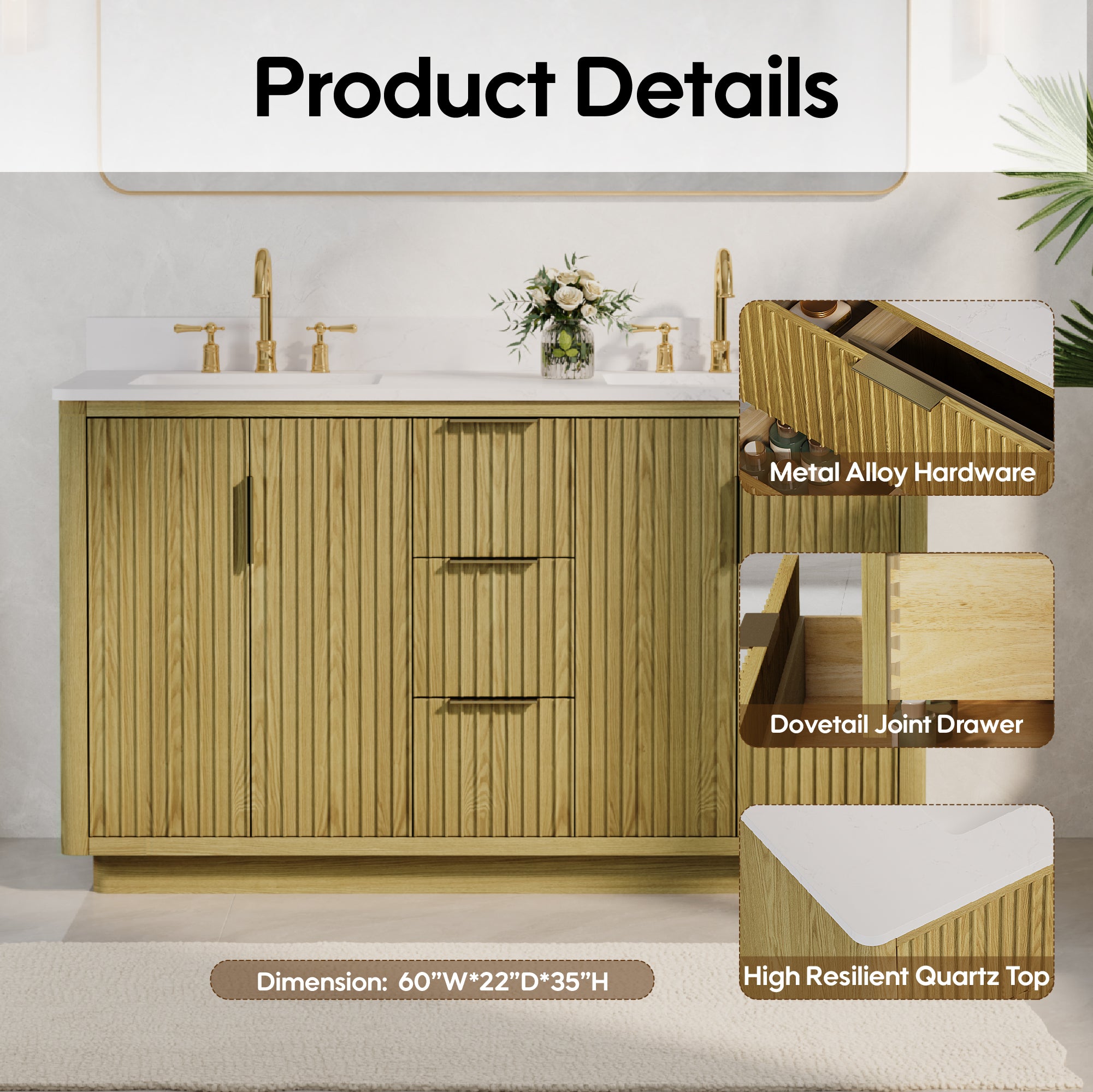 60 in. Oak Freestanding Solid Wood Bathroom Vanity with Carrara White Quartz Countertop