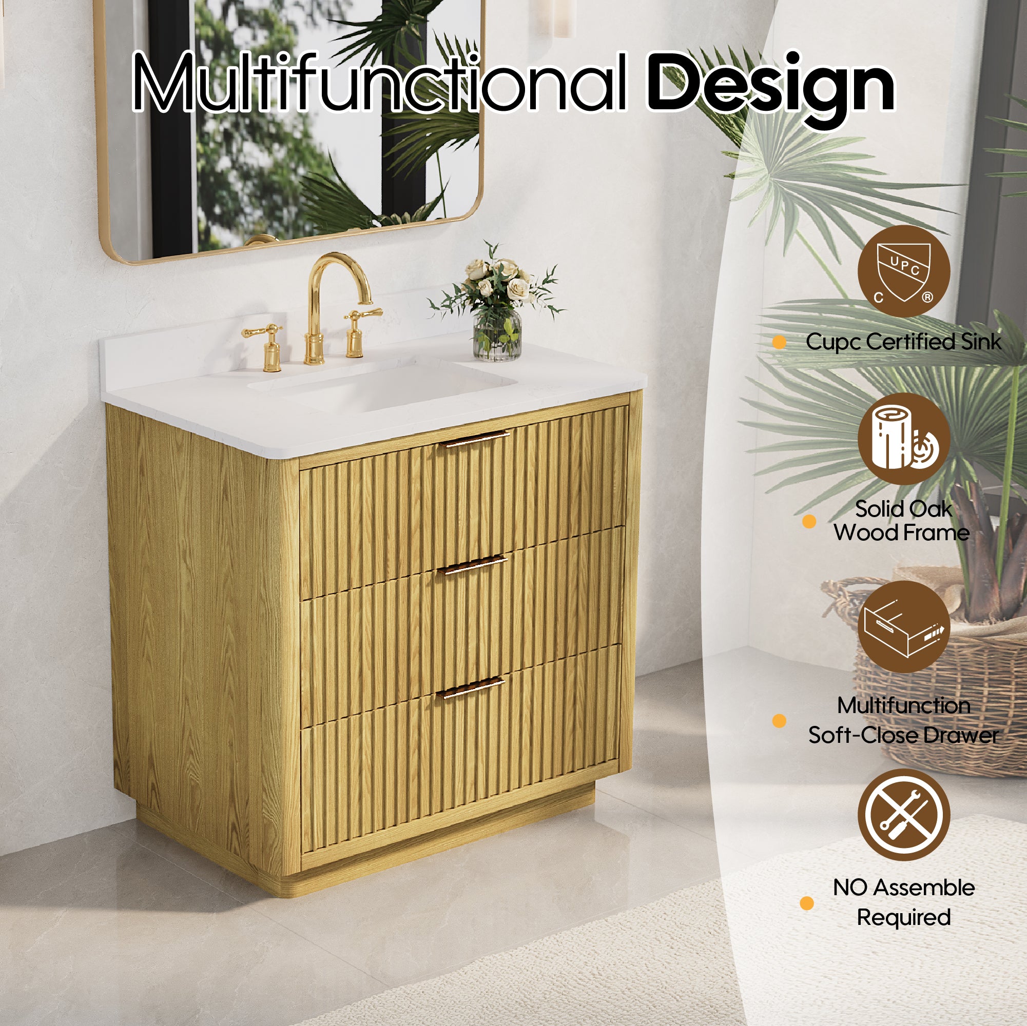 36 in. Oak Freestanding Solid Wood Bathroom Vanity with Carrara White Quartz Countertop