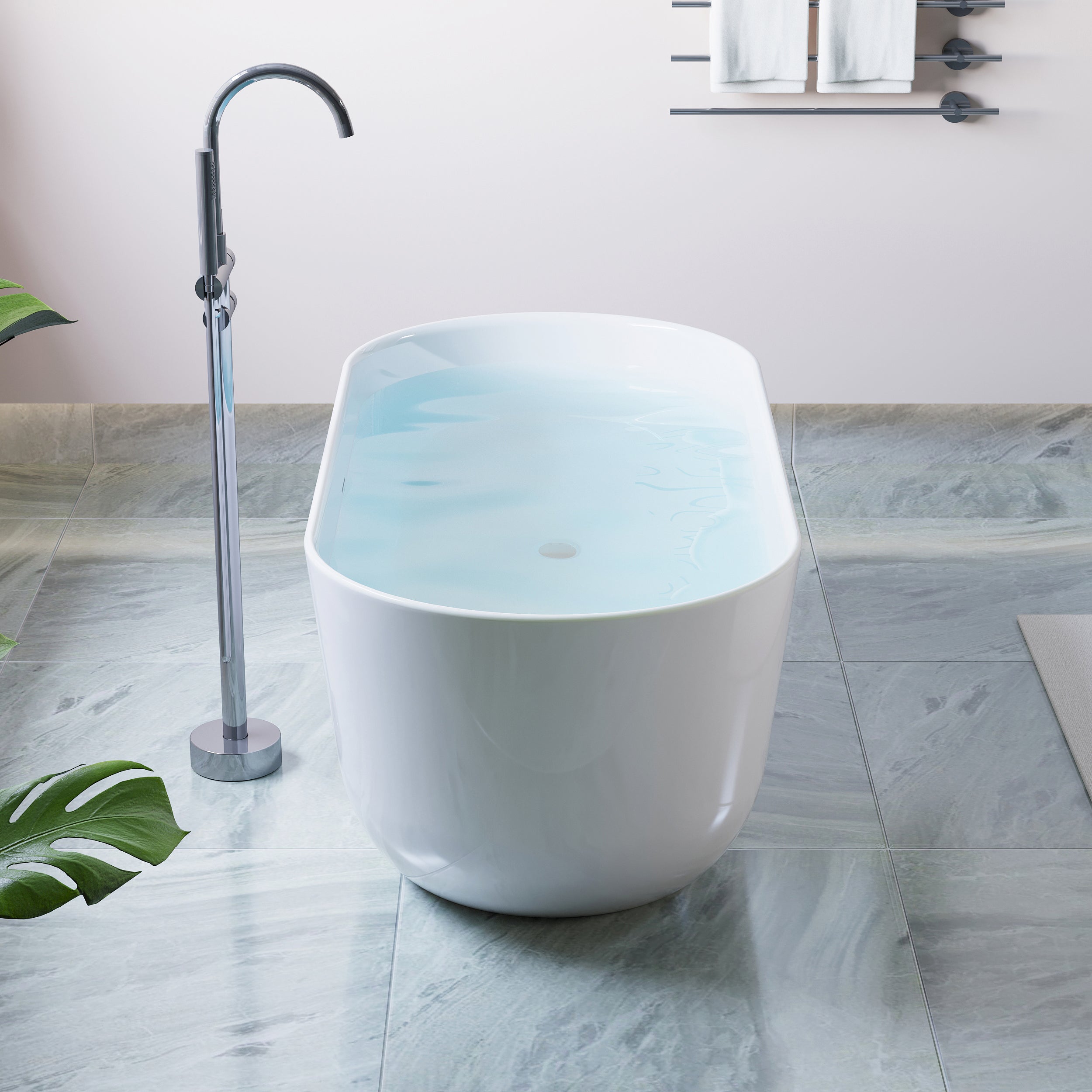 60" Freestanding Glossy White Acrylic Bathtub with Slotted Overflow and Chrome Drain