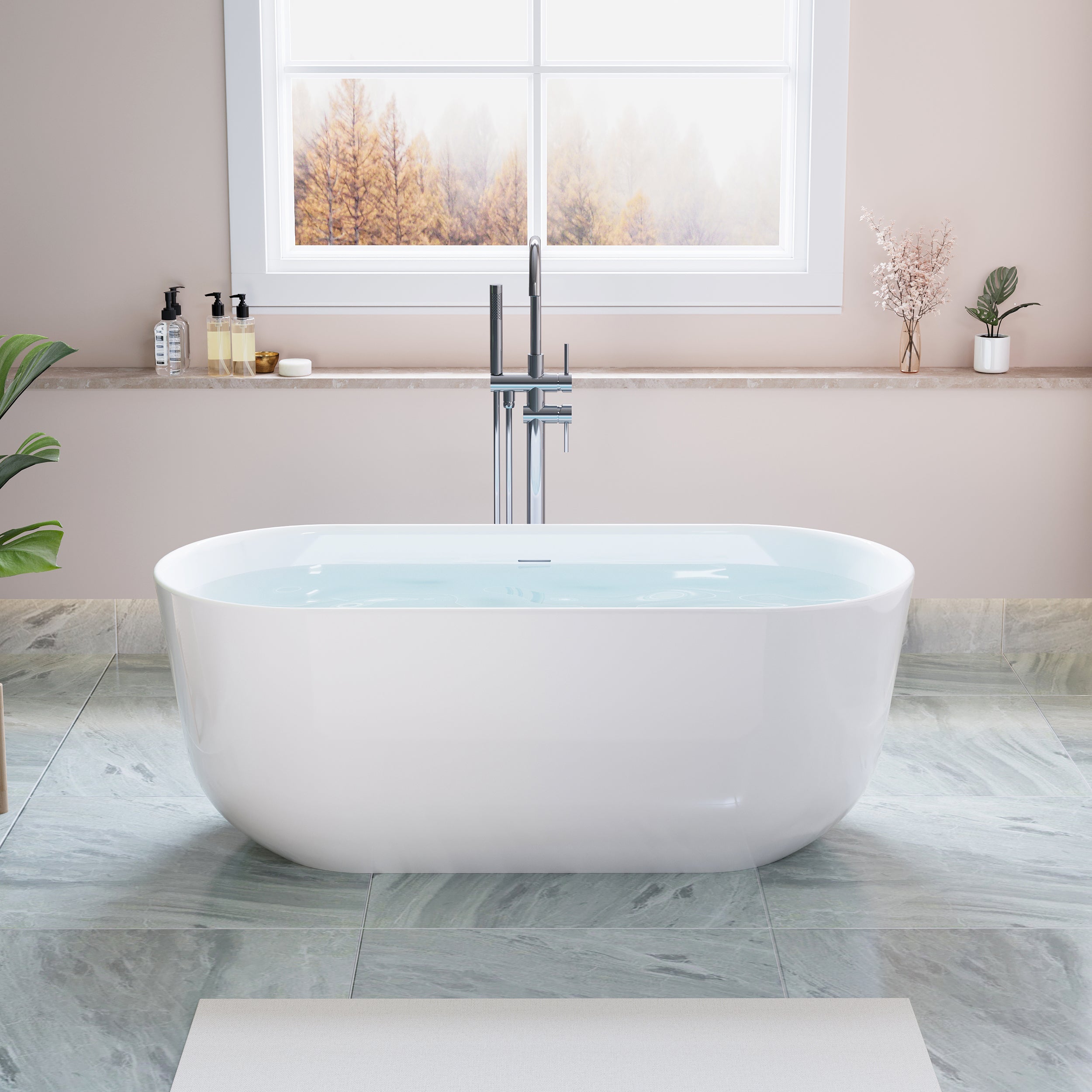 60" Freestanding Glossy White Acrylic Bathtub with Slotted Overflow and Chrome Drain