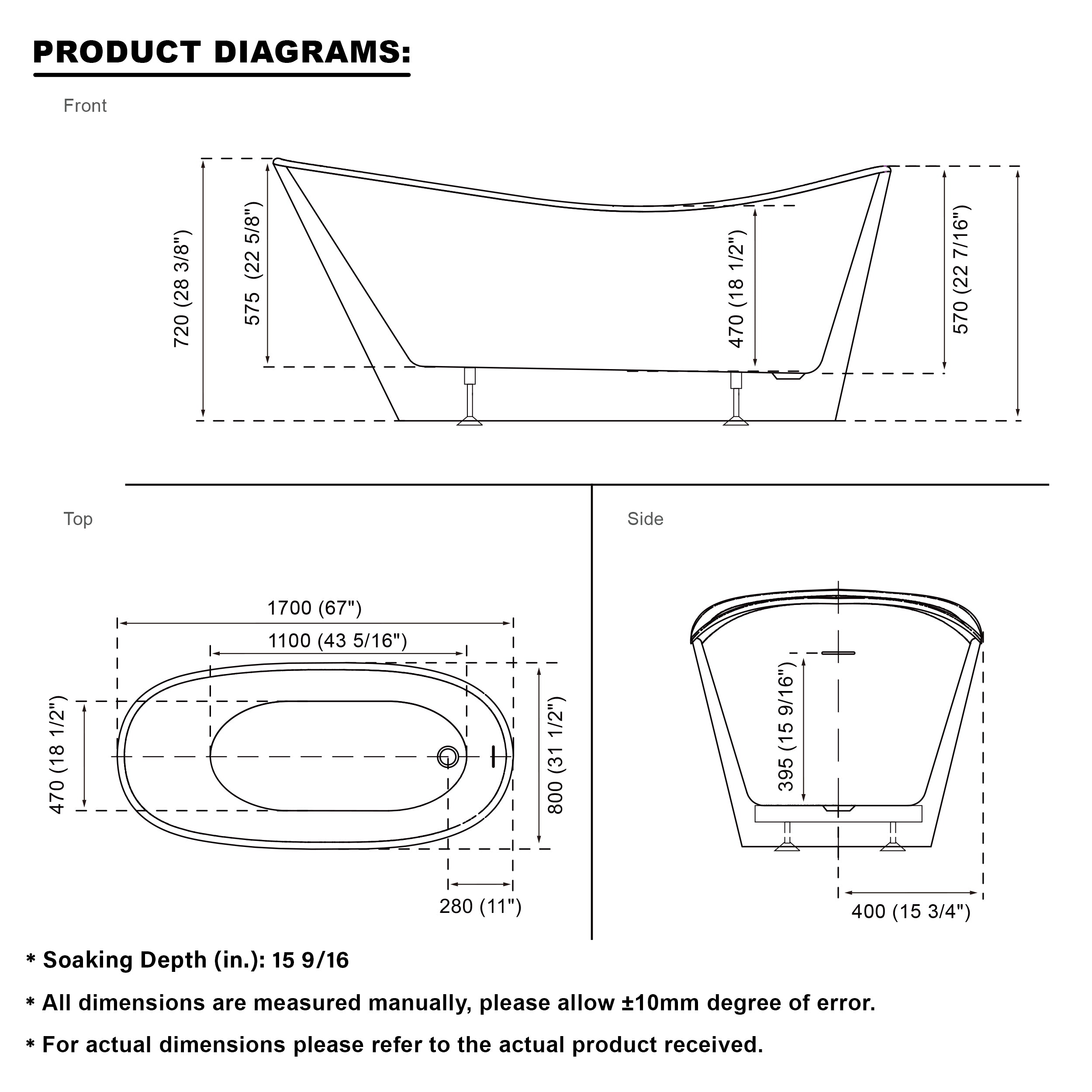 67" Luxury Acrylic Freestanding Flatbottom Bathtub in White