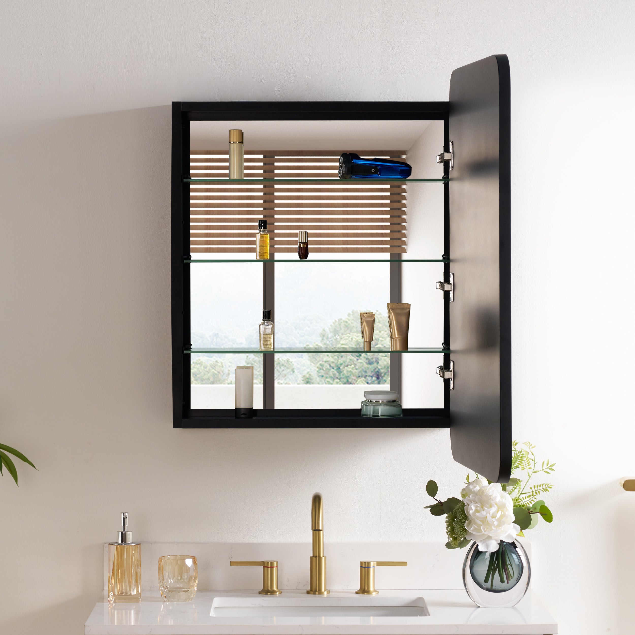 24 in. × 32 in. Black Aluminum Framed Medicine Cabinet Tempered Glass Shelves Explosion Proof Recessed or Wall Mount