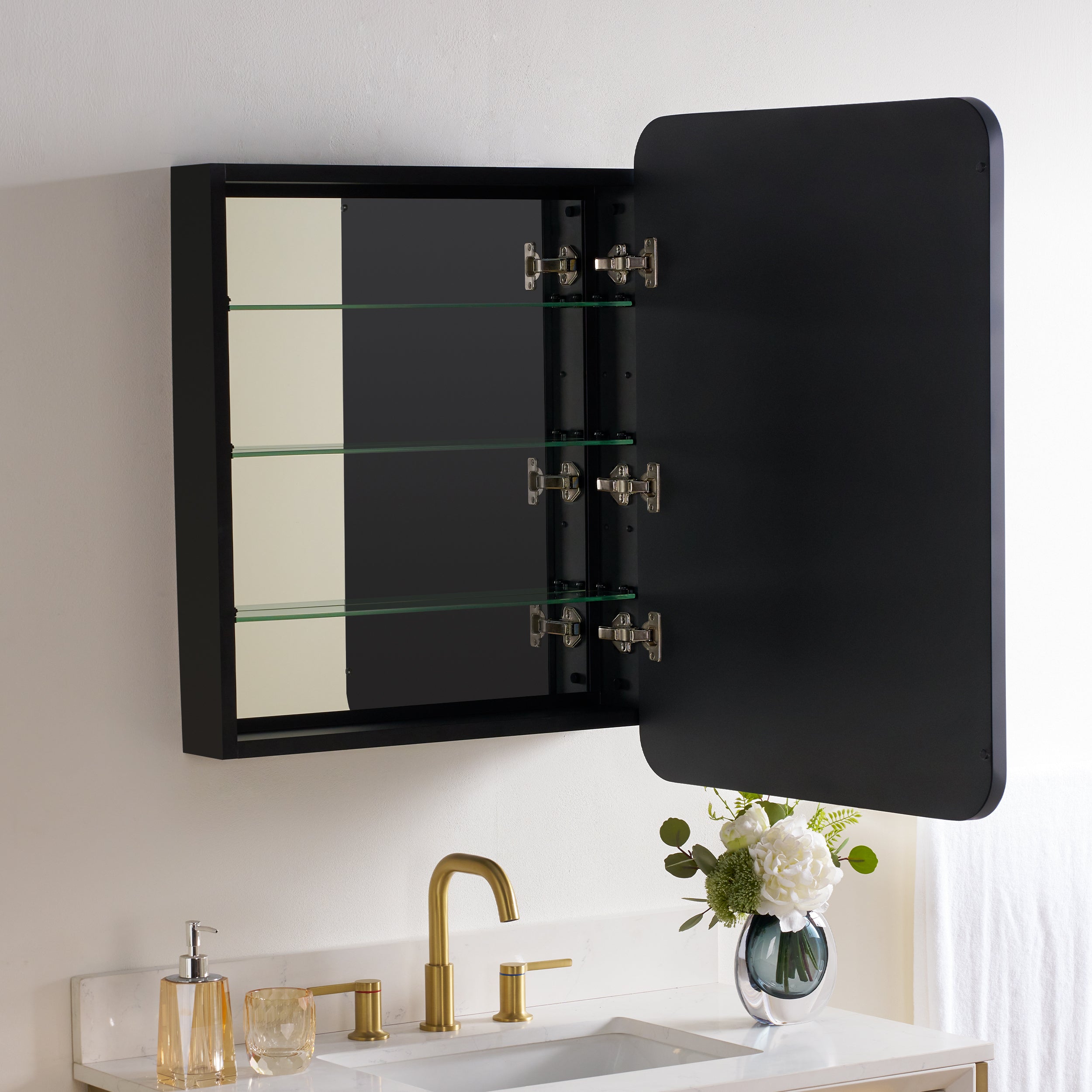 24 in. × 32 in. Black Aluminum Framed Medicine Cabinet Tempered Glass Shelves Explosion Proof Recessed or Wall Mount