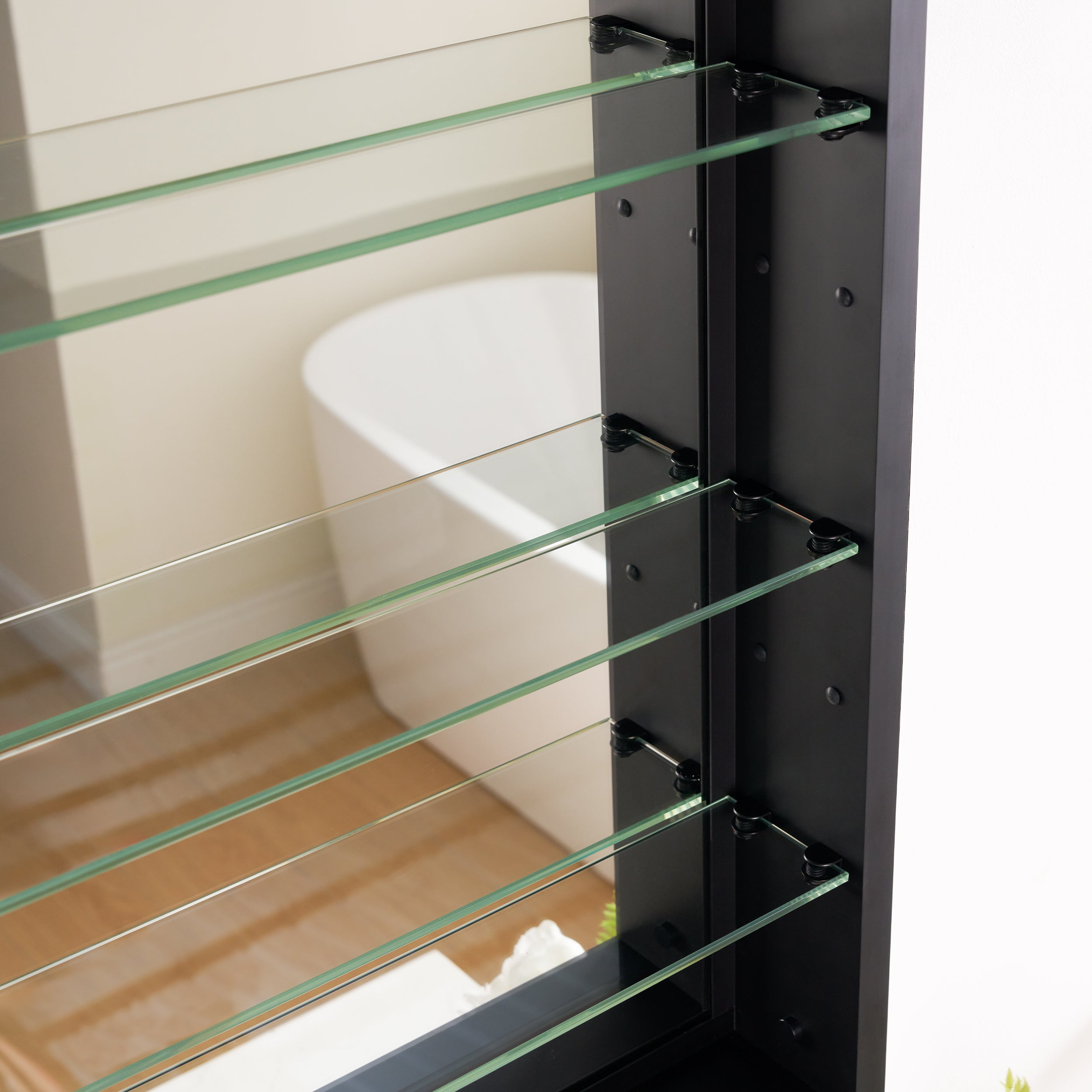 24 in. × 32 in. Black Aluminum Framed Medicine Cabinet Tempered Glass Shelves Explosion Proof Recessed or Wall Mount