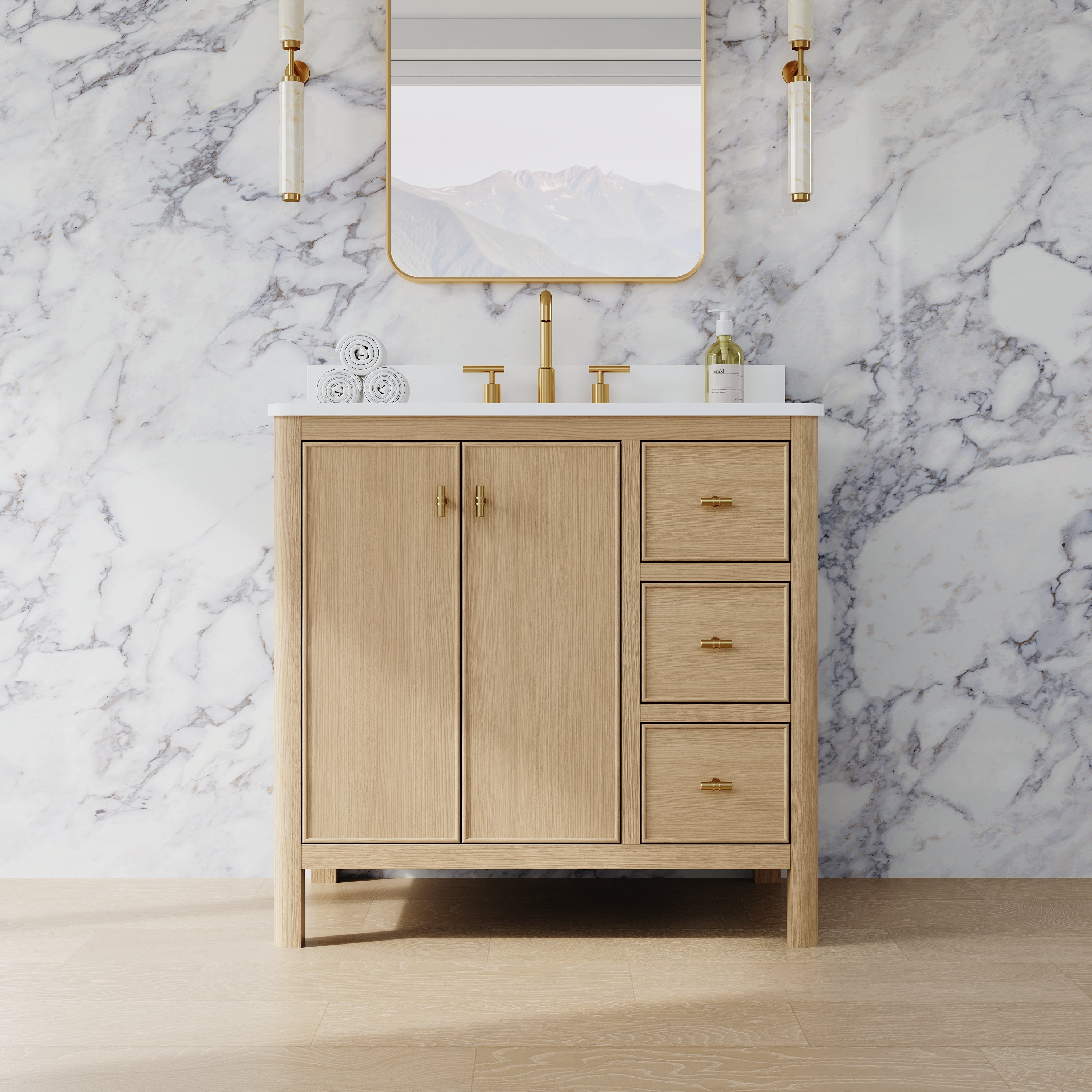 36 Inch Solid Wood Oak Bathroom Vanity with White Quartz Countertop & Sink – Dovetail Soft-Close Drawers