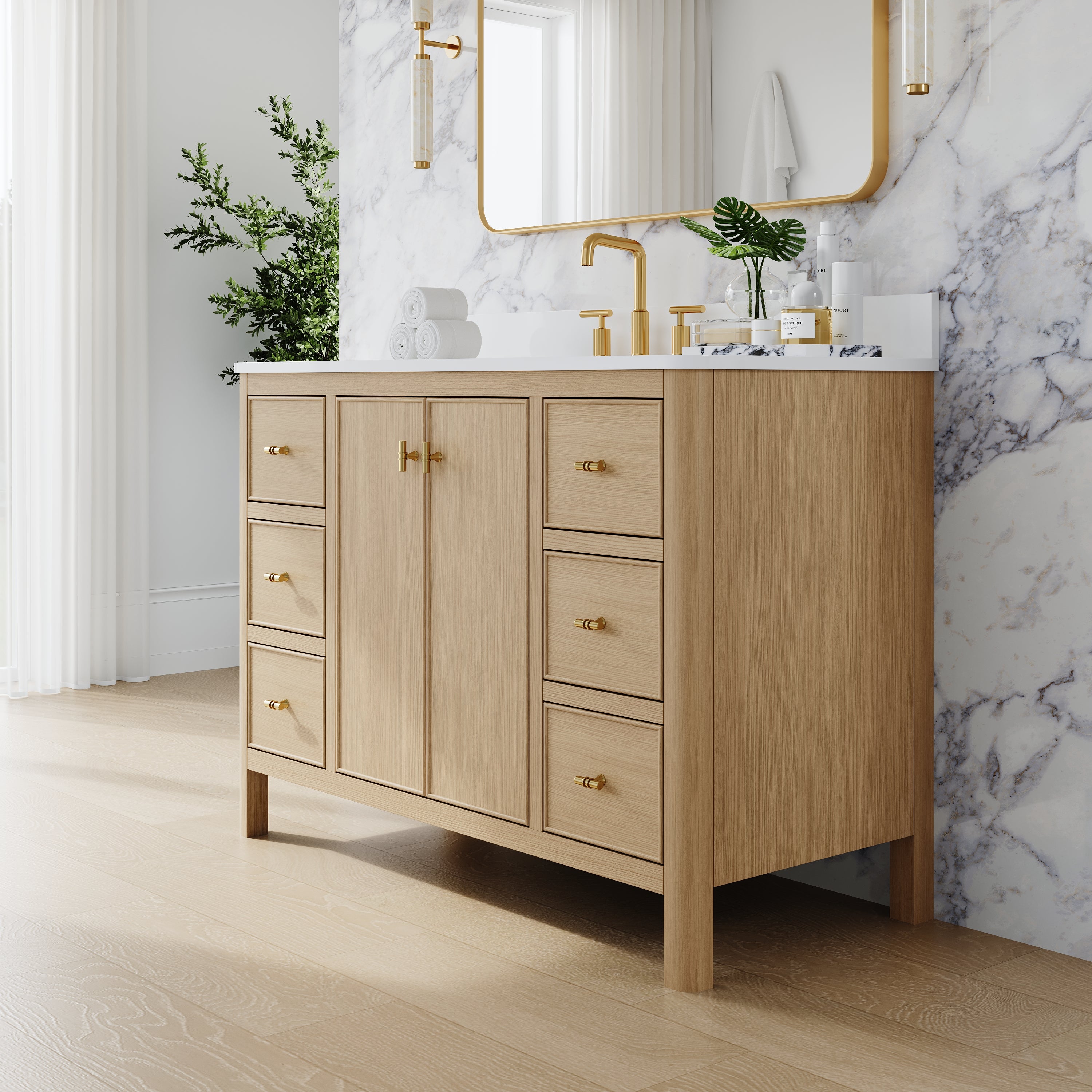 48 Inch Solid Wood Oak Bathroom Vanity with White Quartz Countertop & Sink – 6 Dovetail Soft-Close Drawers
