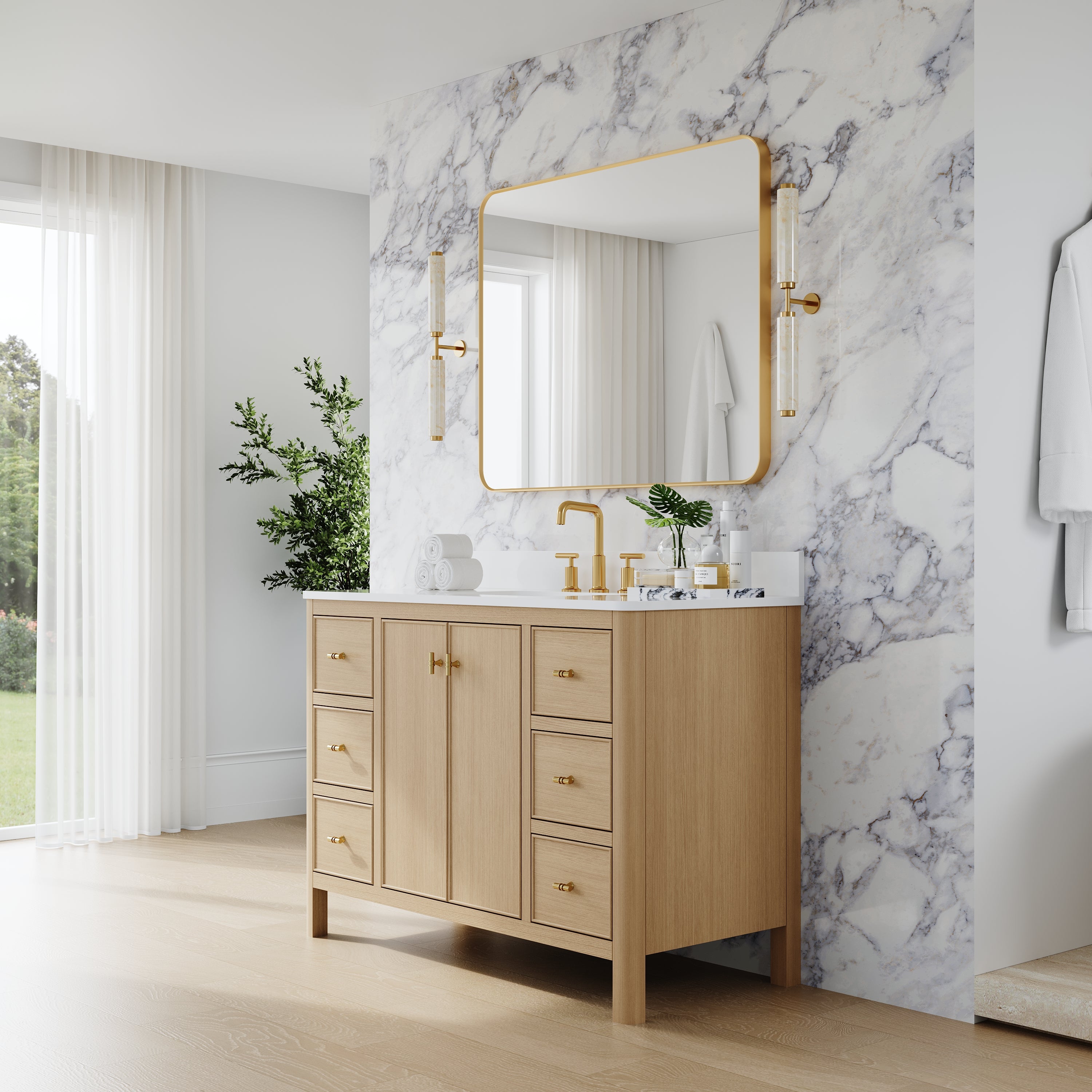 48 Inch Solid Wood Oak Bathroom Vanity with White Quartz Countertop & Sink – 6 Dovetail Soft-Close Drawers