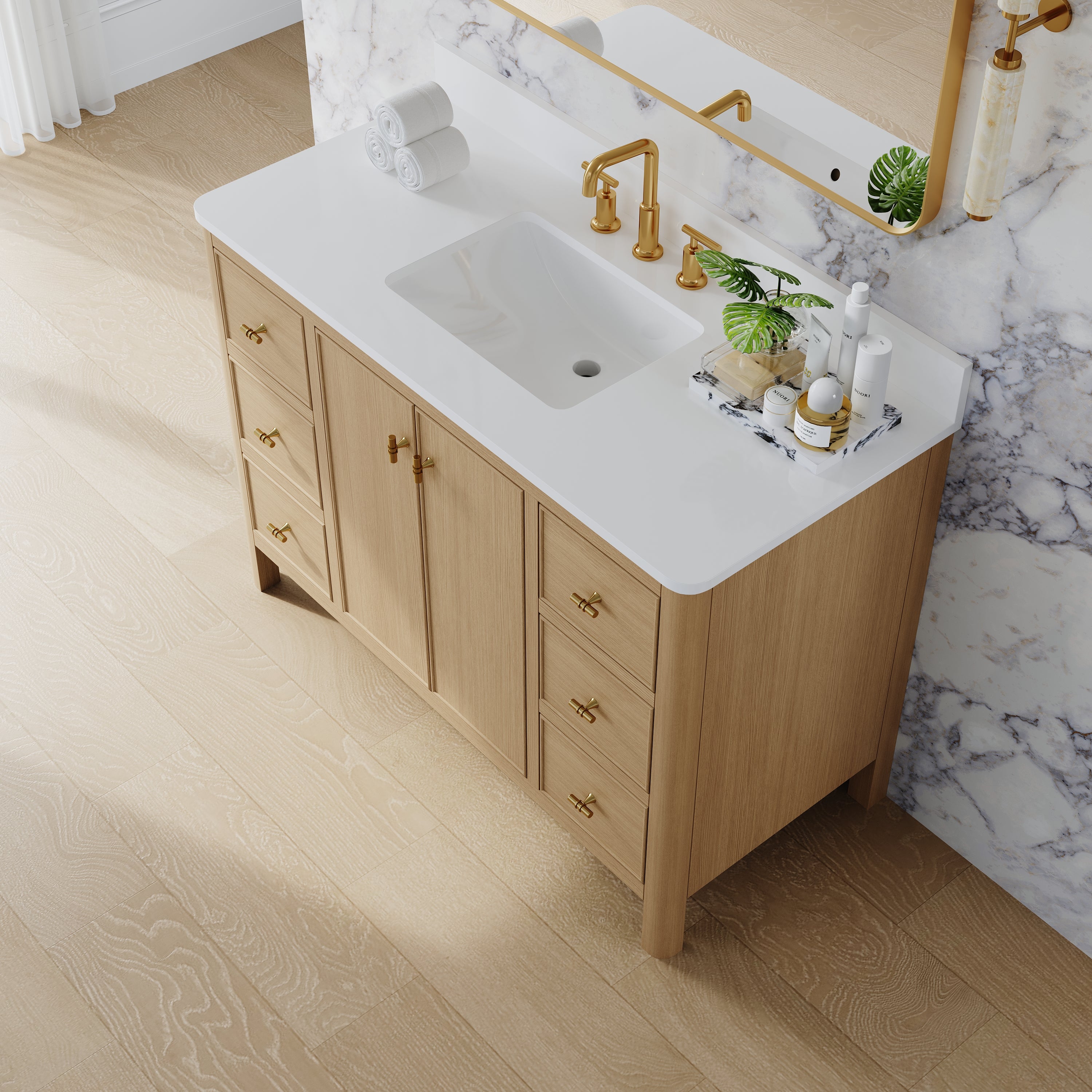 48 Inch Solid Wood Oak Bathroom Vanity with White Quartz Countertop & Sink – 6 Dovetail Soft-Close Drawers