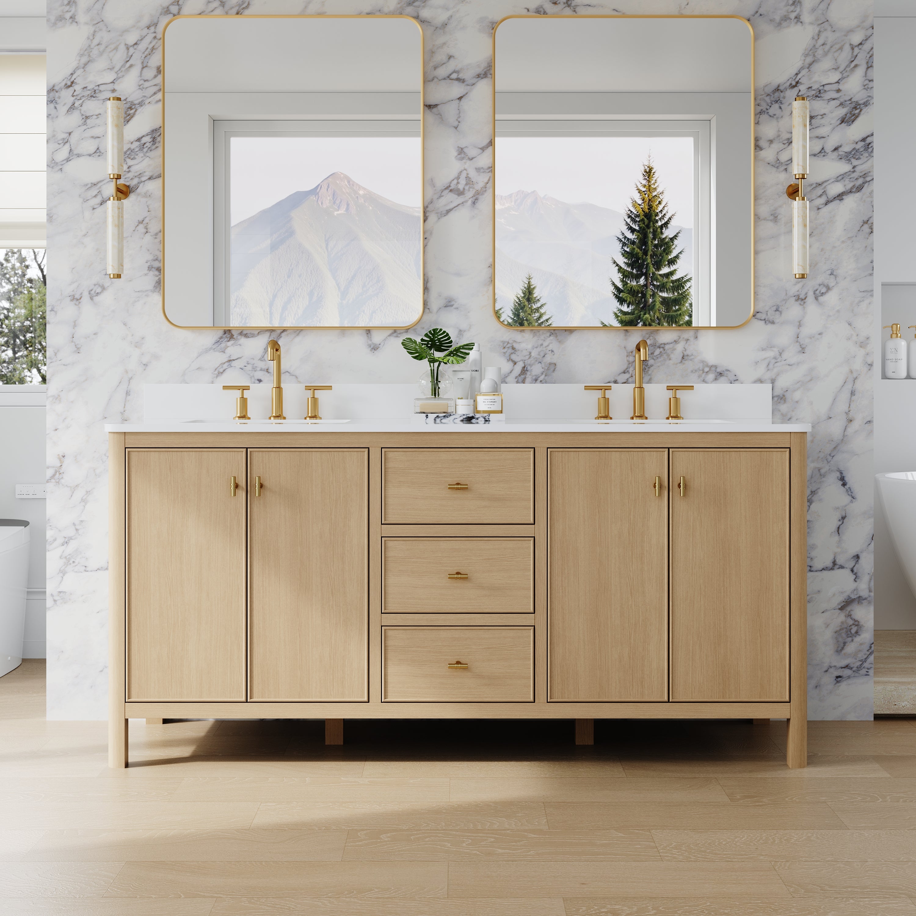 72 Inch Solid Wood Oak Bathroom Vanity with White Quartz Countertop & Sink – 3 Dovetail Soft-Close Drawers