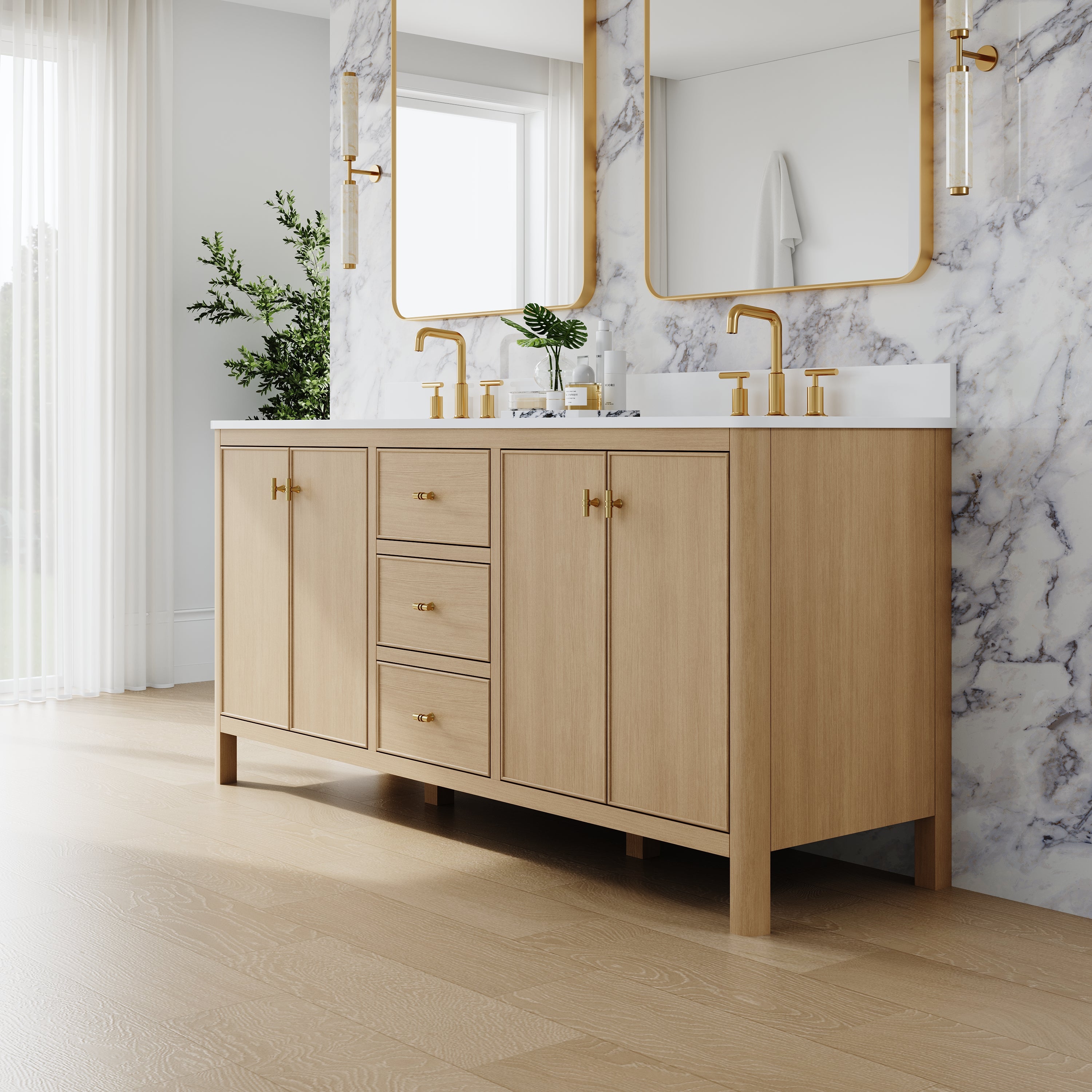 72 Inch Solid Wood Oak Bathroom Vanity with White Quartz Countertop & Sink – 3 Dovetail Soft-Close Drawers