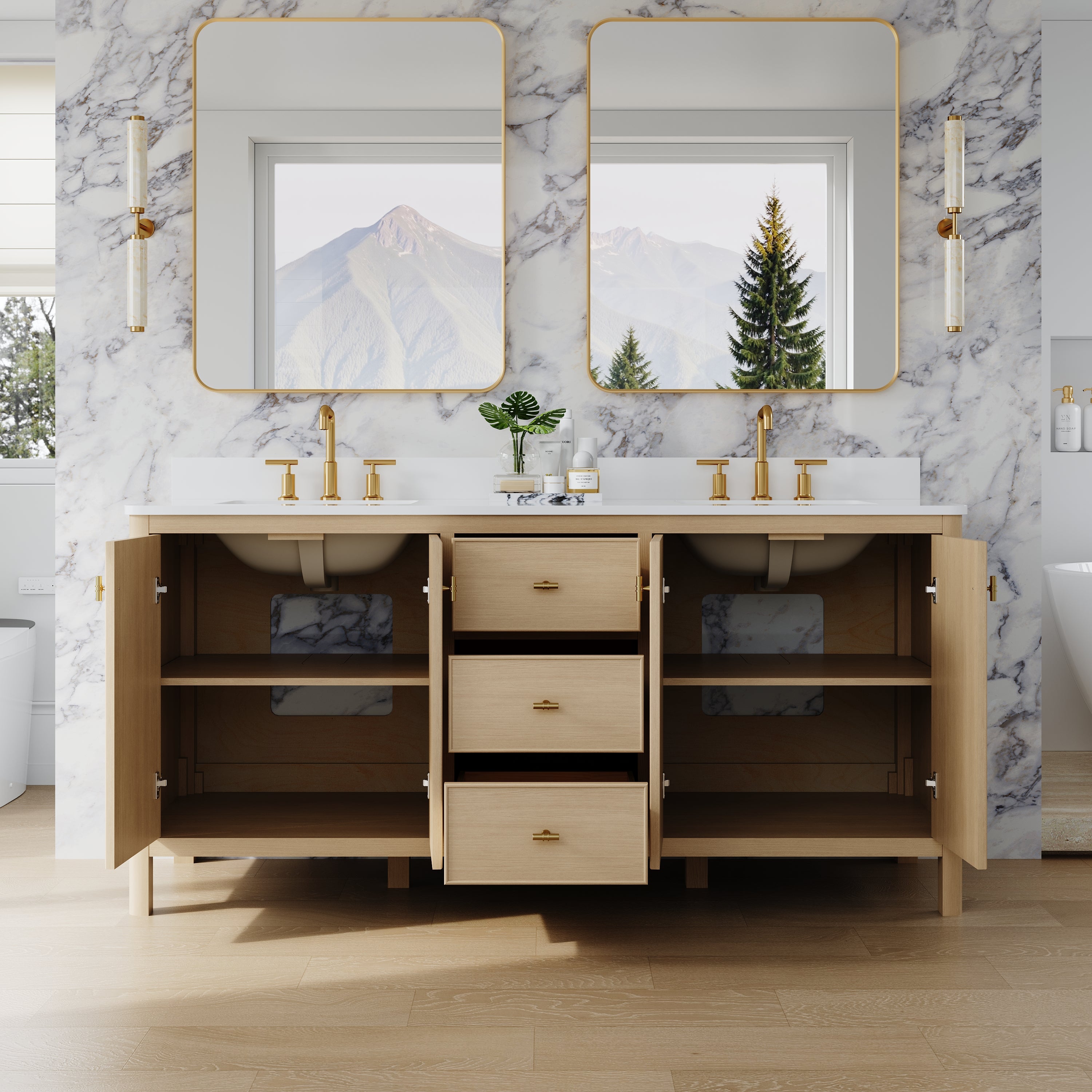 72 Inch Solid Wood Oak Bathroom Vanity with White Quartz Countertop & Sink – 3 Dovetail Soft-Close Drawers