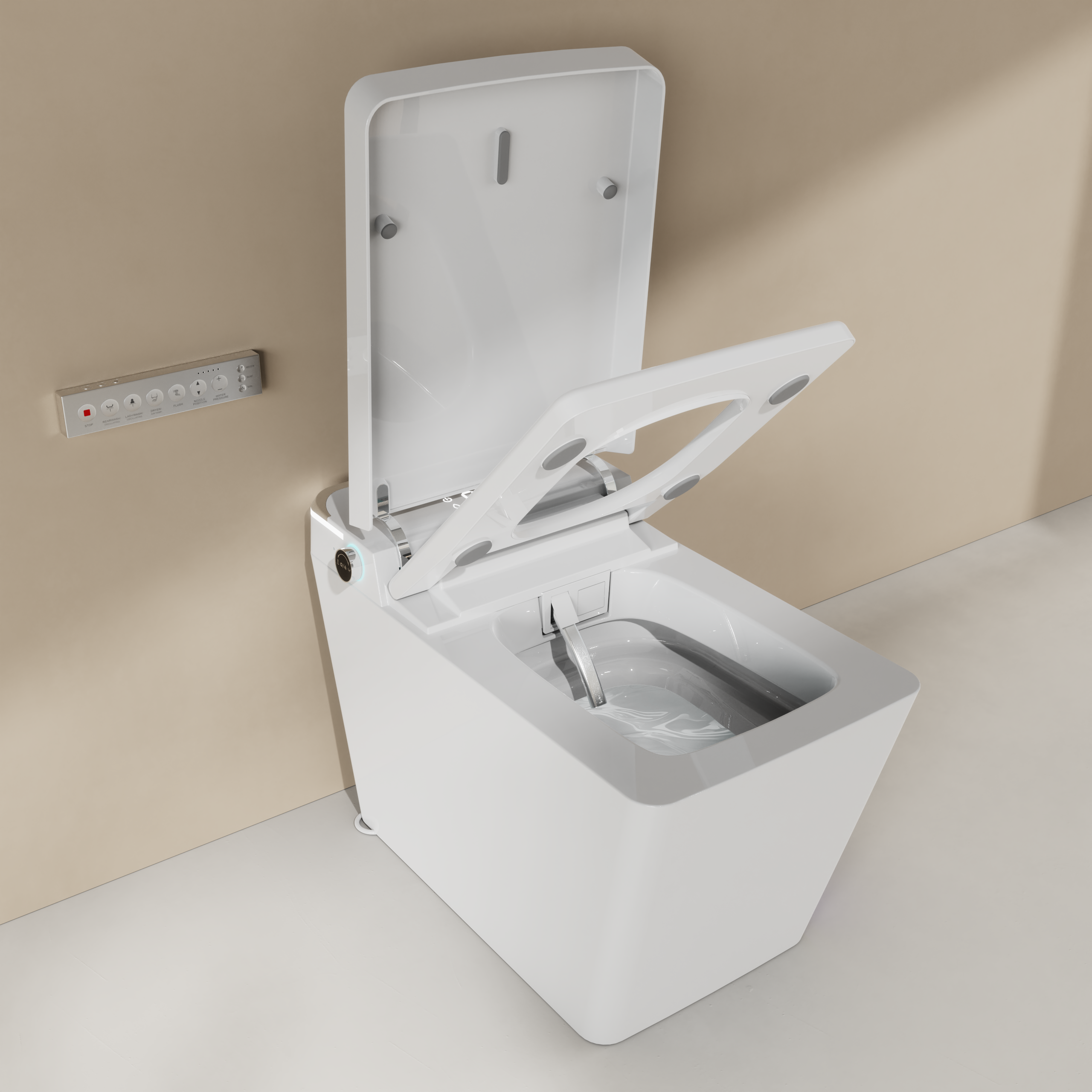 Rectangular Smart Toilet Bidet, Auto Open/Flushing, Remote, Round Seat in White