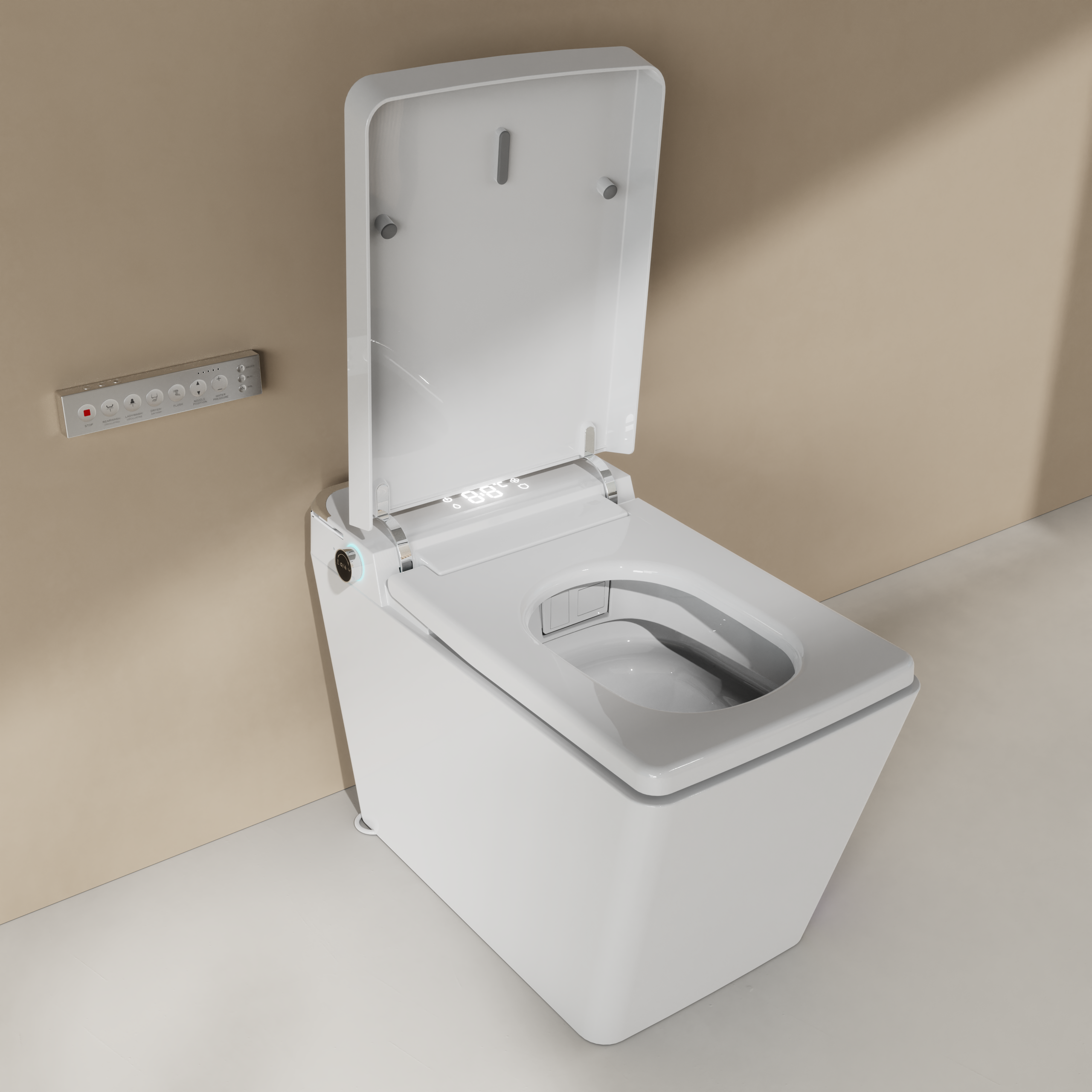 Rectangular Smart Toilet Bidet, Auto Open/Flushing, Remote, Round Seat in White