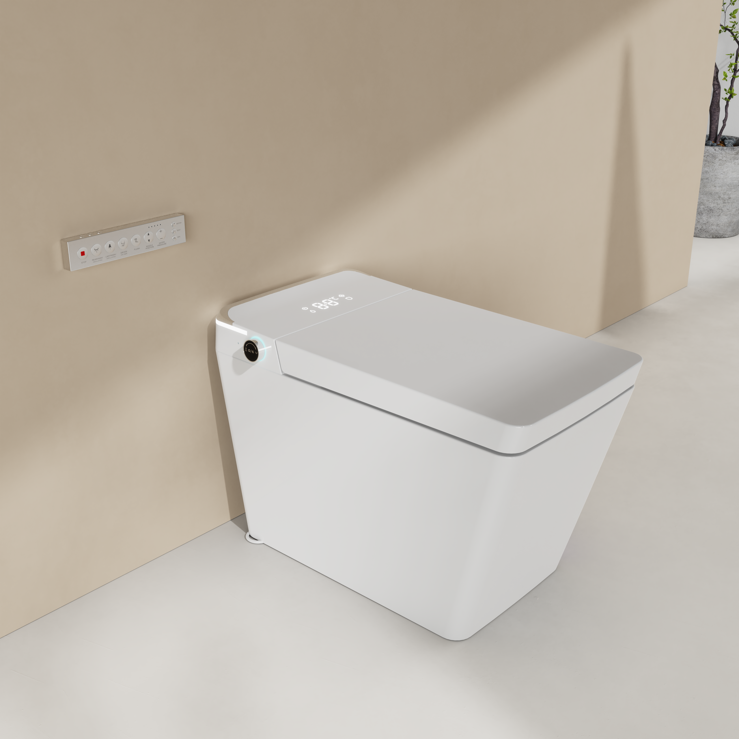 Rectangular Smart Toilet Bidet, Auto Open/Flushing, Remote, Round Seat in White