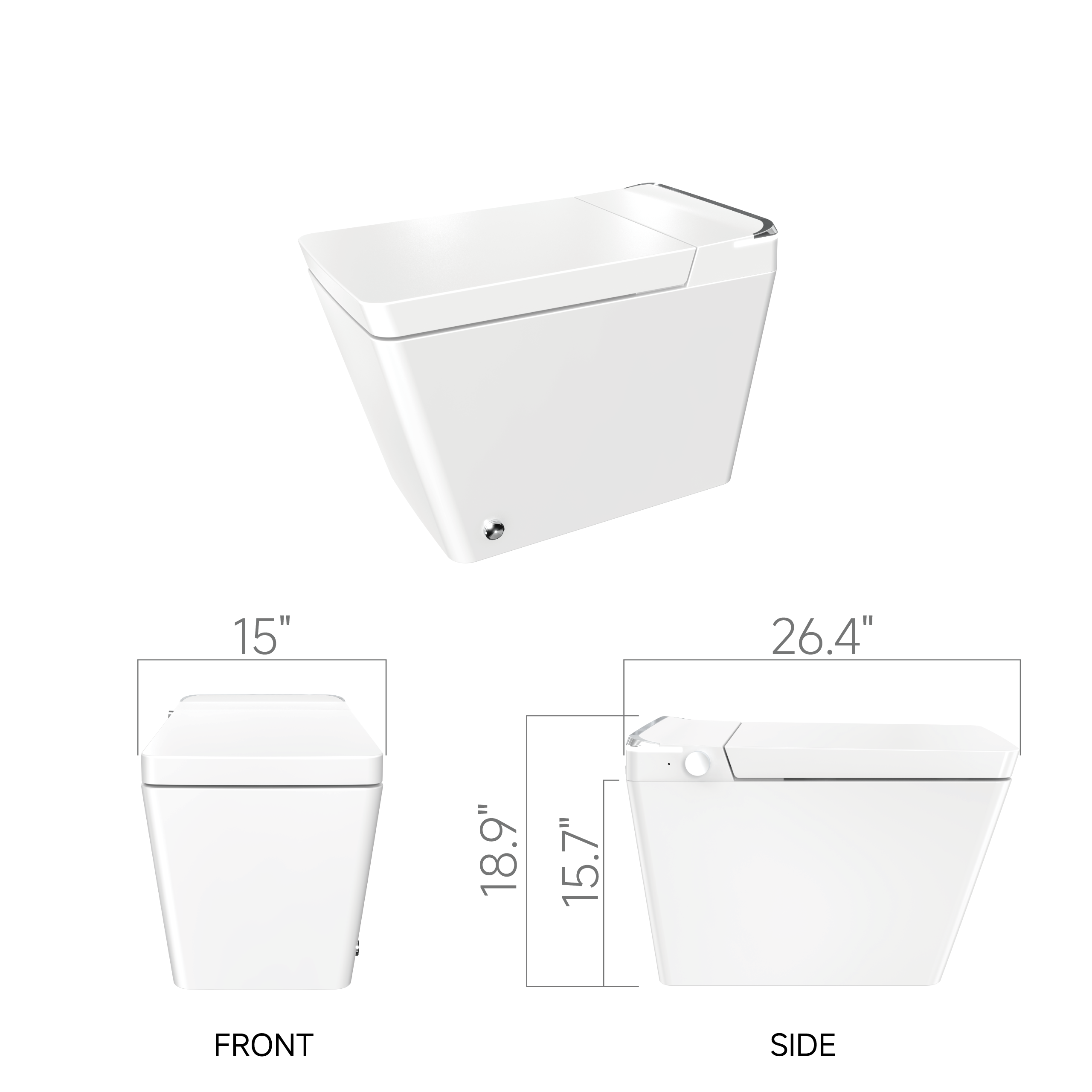 Rectangular Smart Toilet Bidet, Auto Open/Flushing, Remote, Round Seat in White
