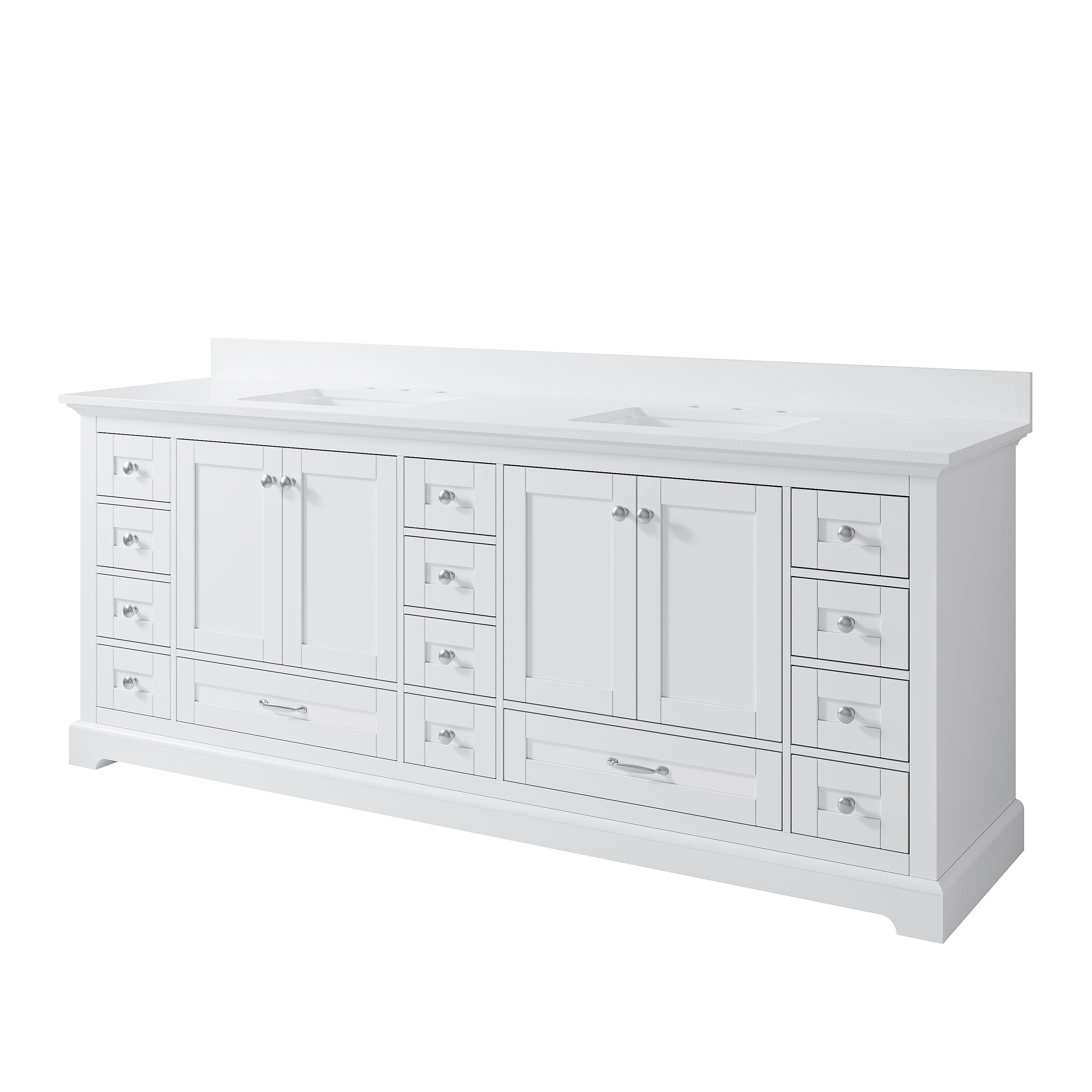 84" White Double Sinks Bathroom Vanity with Solid Wood Frame, Soft Close 14 Drawers & Pure White Cultured Marble Countertop