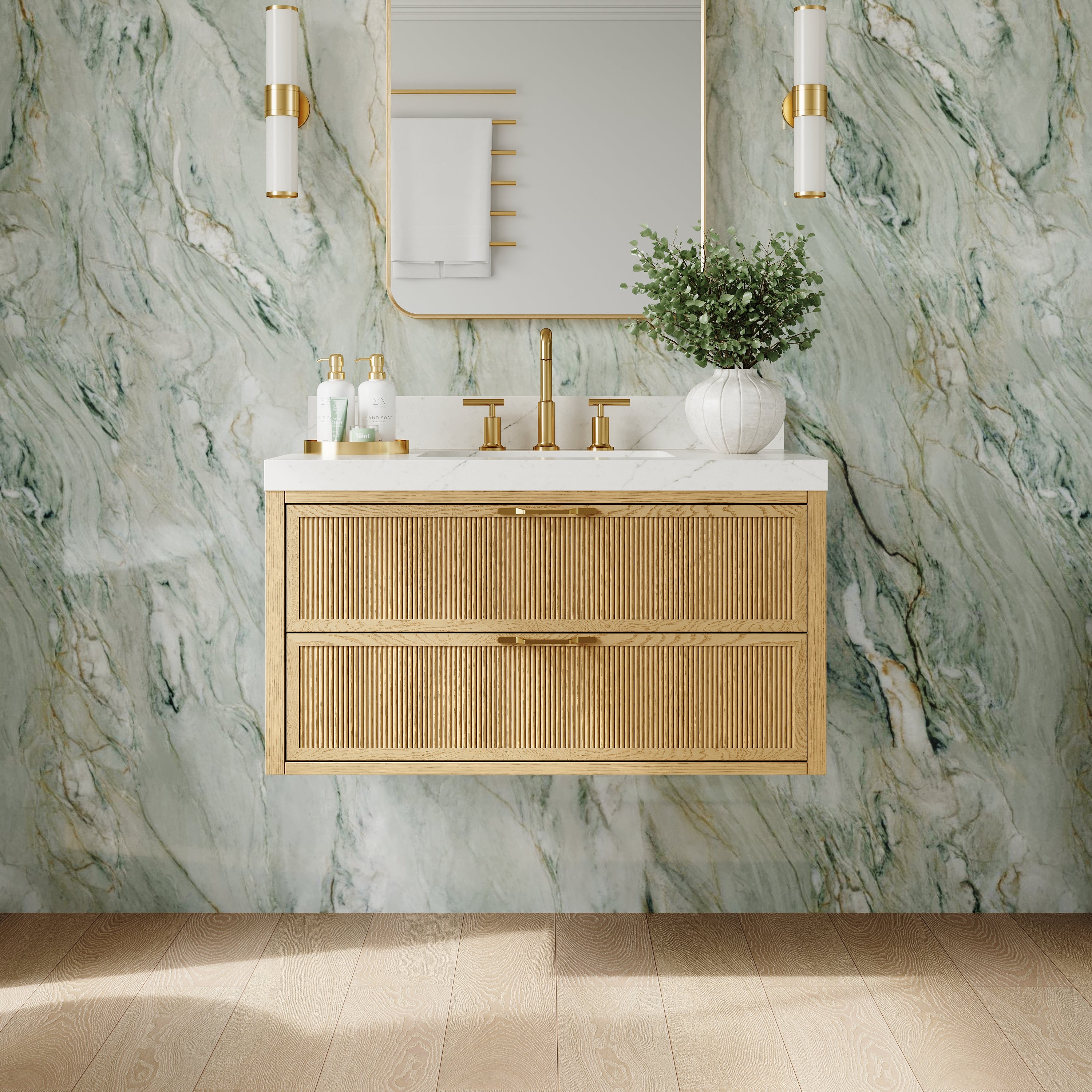 36-Inch Solid Oak Floating Bathroom Vanity with Calacatta Quartz Countertop, 2 Soft-Close Fluted Drawers