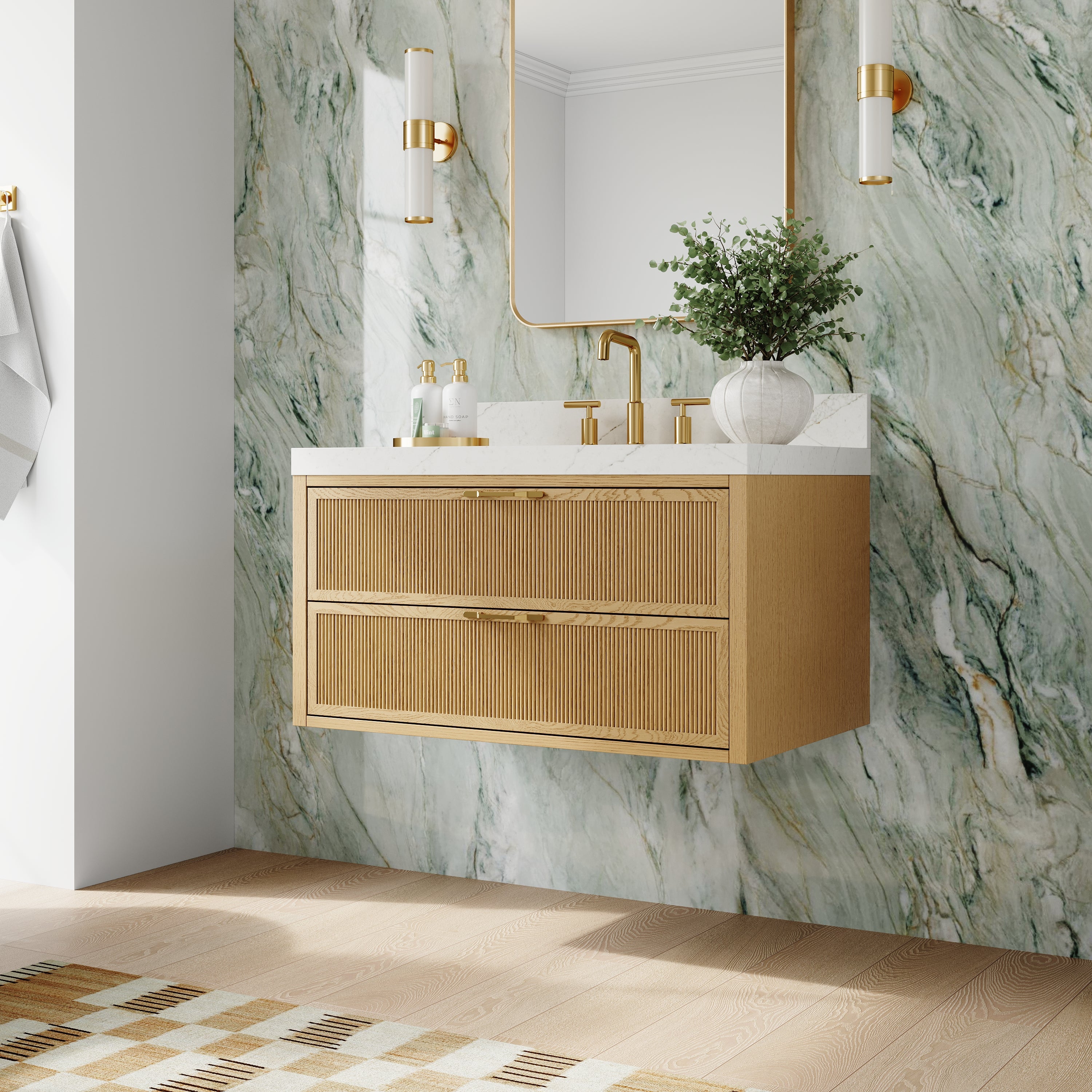 36-Inch Solid Oak Floating Bathroom Vanity with Calacatta Quartz Countertop, 2 Soft-Close Fluted Drawers