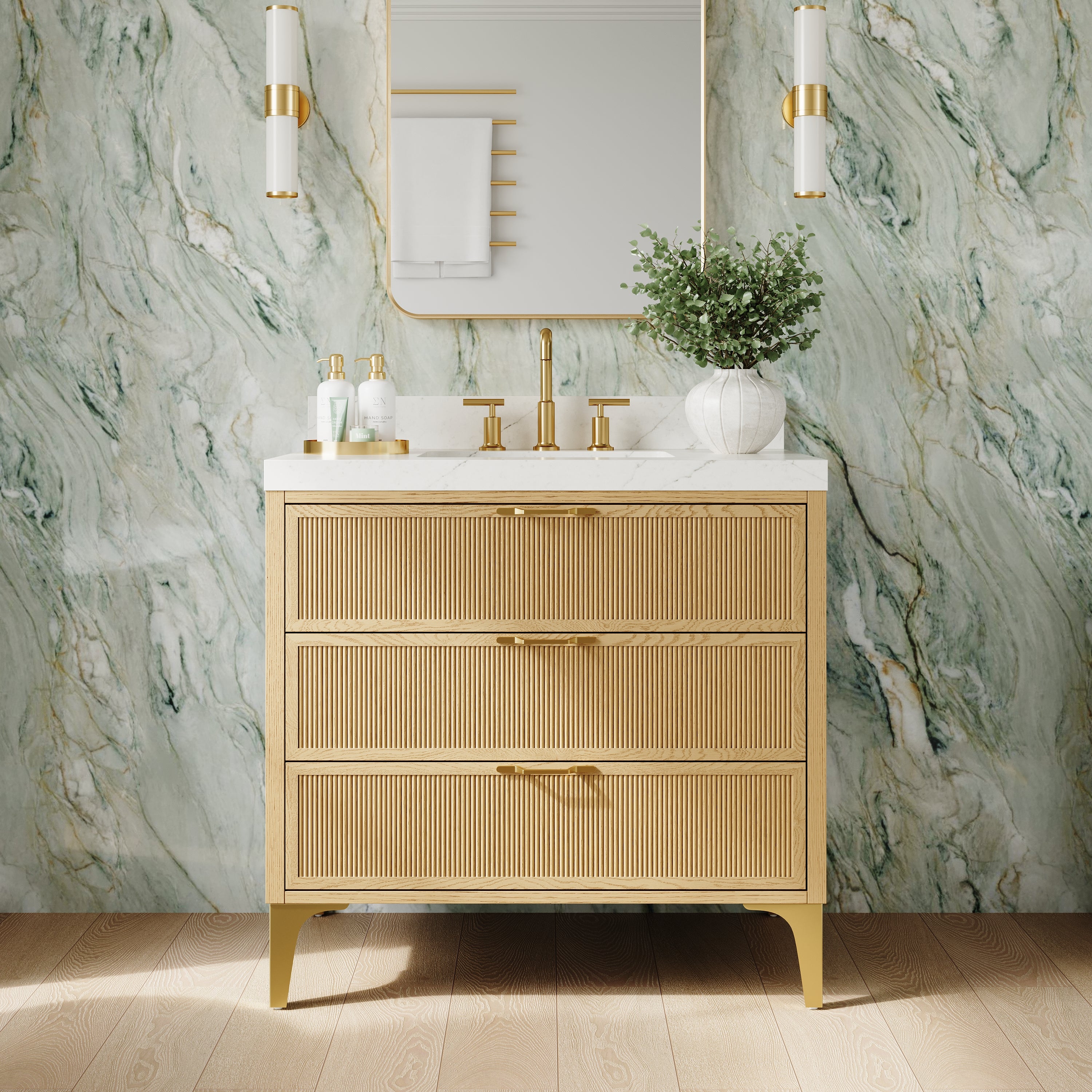 36 Inch Modern Solid Oak Bathroom Vanity with Calacatta Quartz Countertop, 3 Fluted Drawers & Brushed Gold Legs