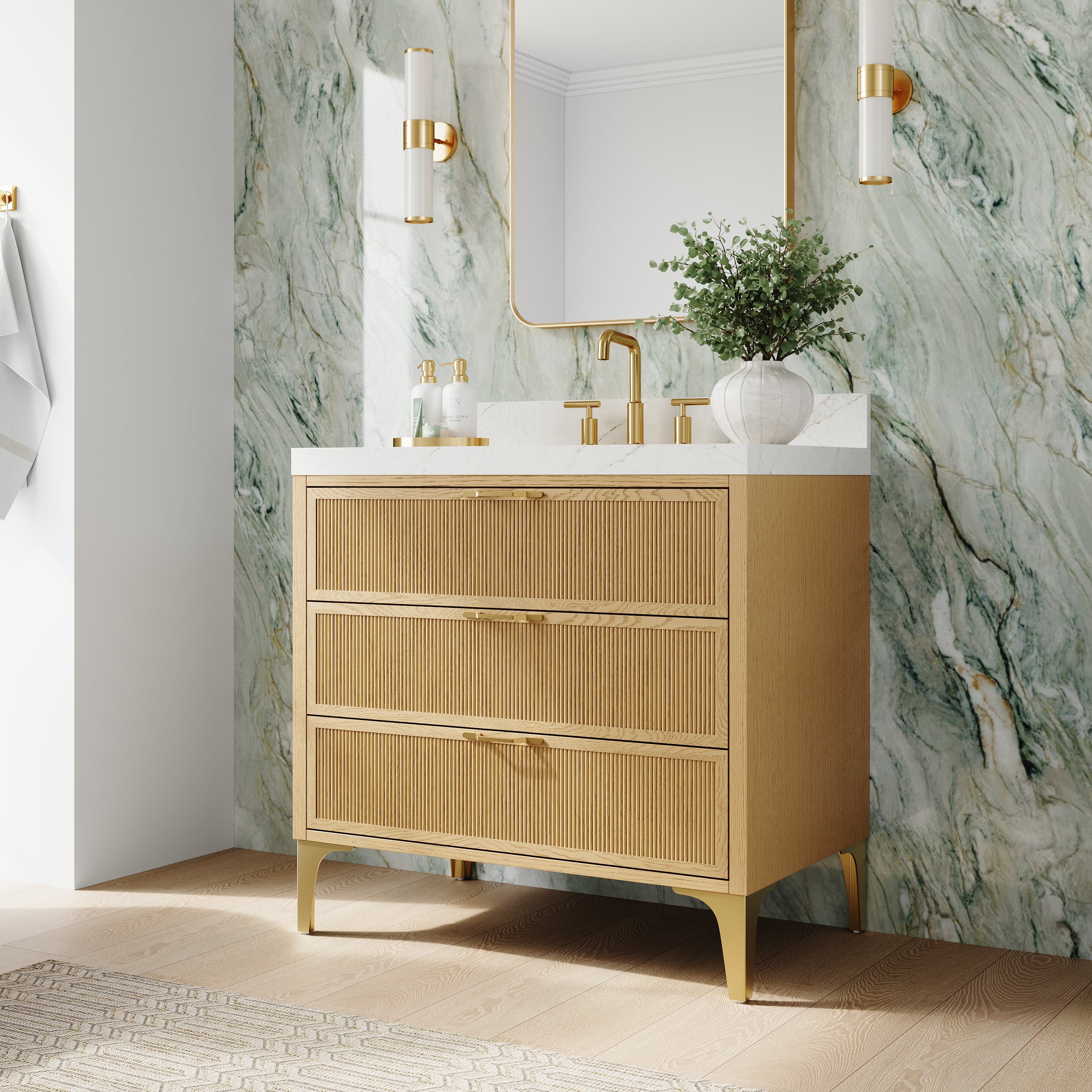 36 Inch Modern Solid Oak Bathroom Vanity with Calacatta Quartz Countertop, 3 Fluted Drawers & Brushed Gold Legs