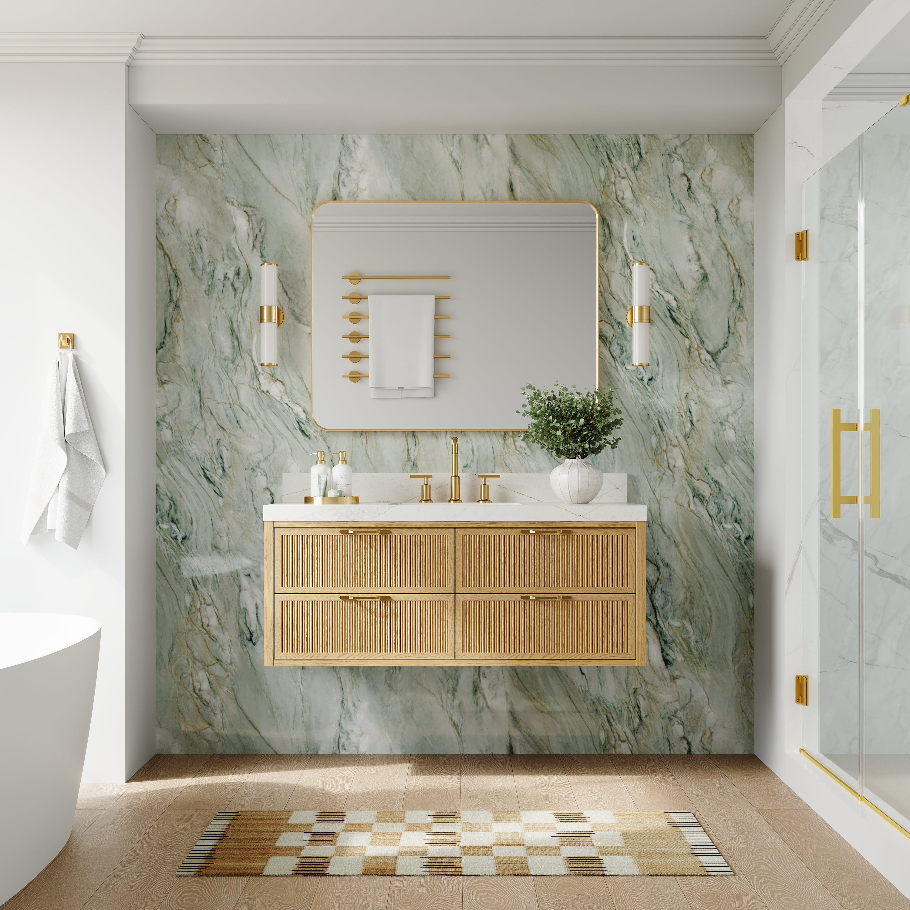 48-Inch Solid Oak Floating Bathroom Vanity with Calacatta Quartz Countertop, 4 Soft-Close Fluted Drawers