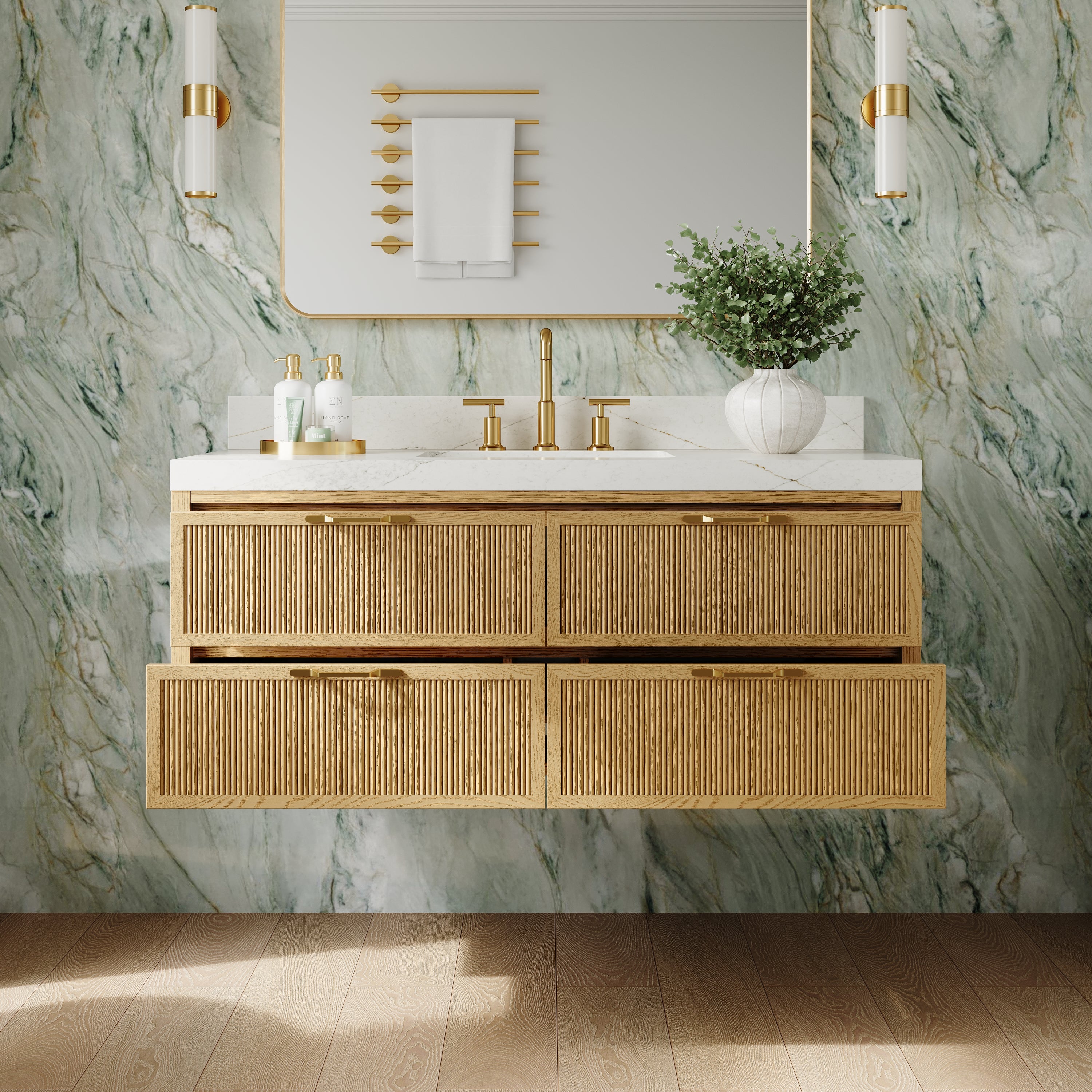 48-Inch Solid Oak Floating Bathroom Vanity with Calacatta Quartz Countertop, 4 Soft-Close Fluted Drawers