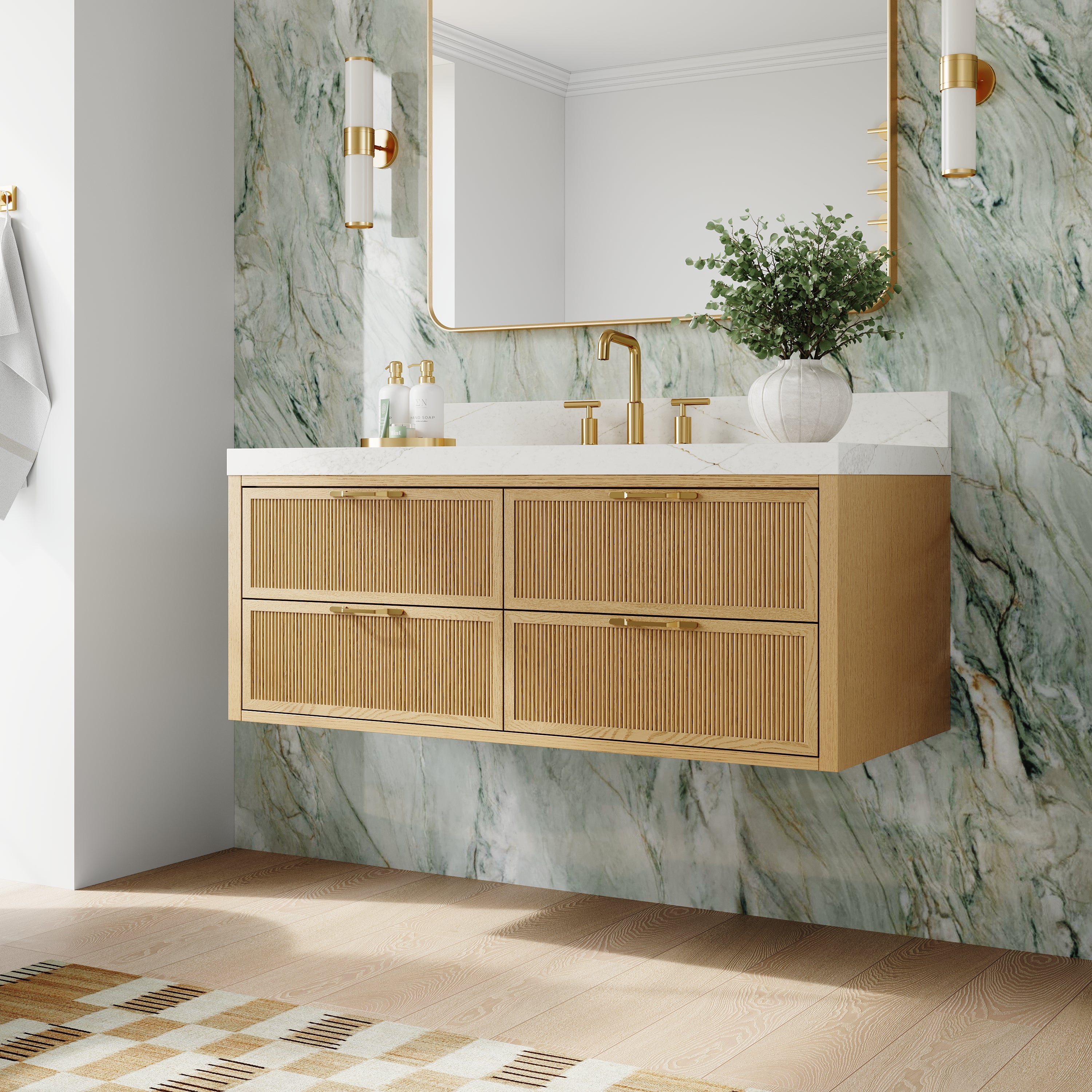 48-Inch Solid Oak Floating Bathroom Vanity with Calacatta Quartz Countertop, 4 Soft-Close Fluted Drawers