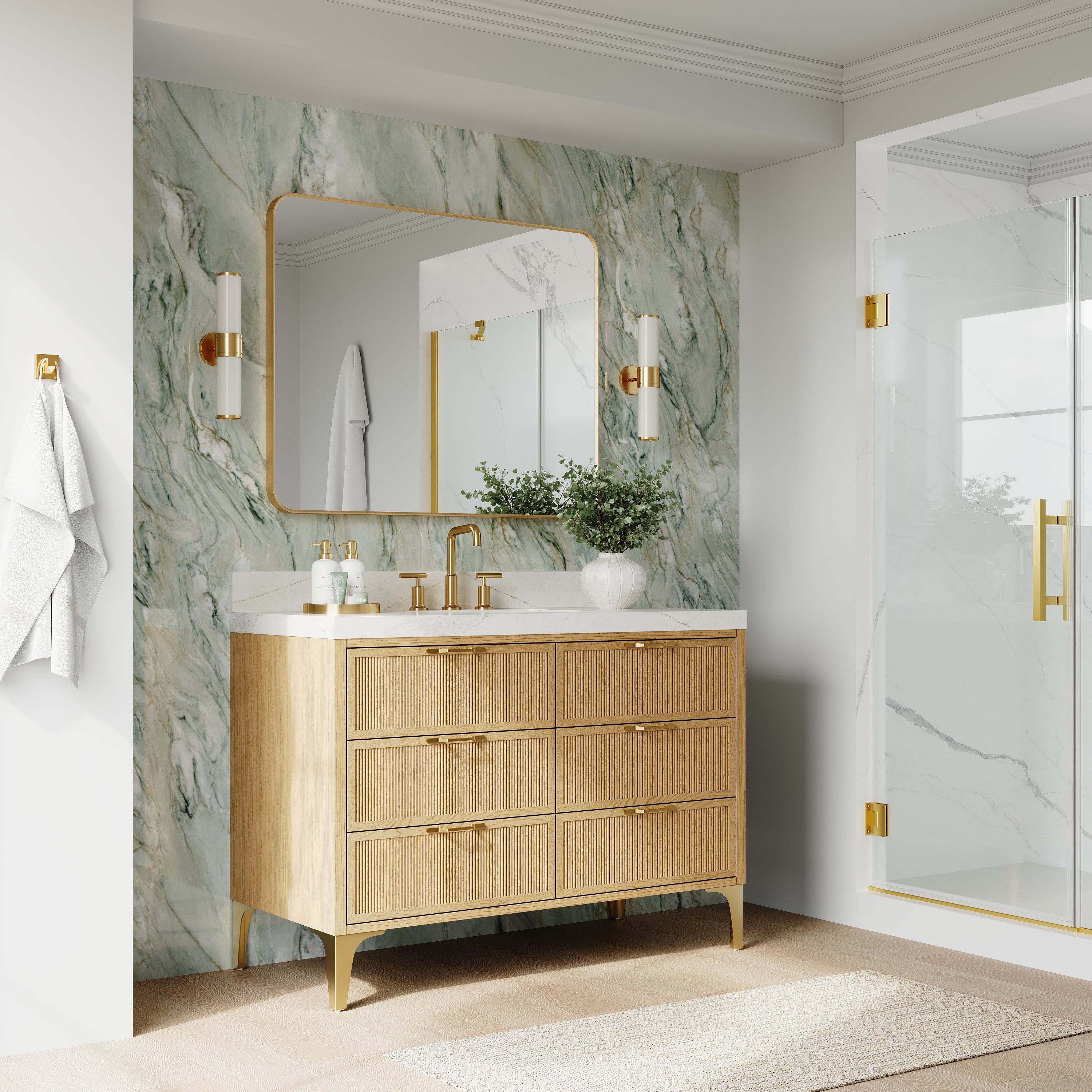 48 Inch Modern Solid Oak Bathroom Vanity with Calacatta Quartz Countertop, 6 Fluted Drawers & Brushed Gold Legs