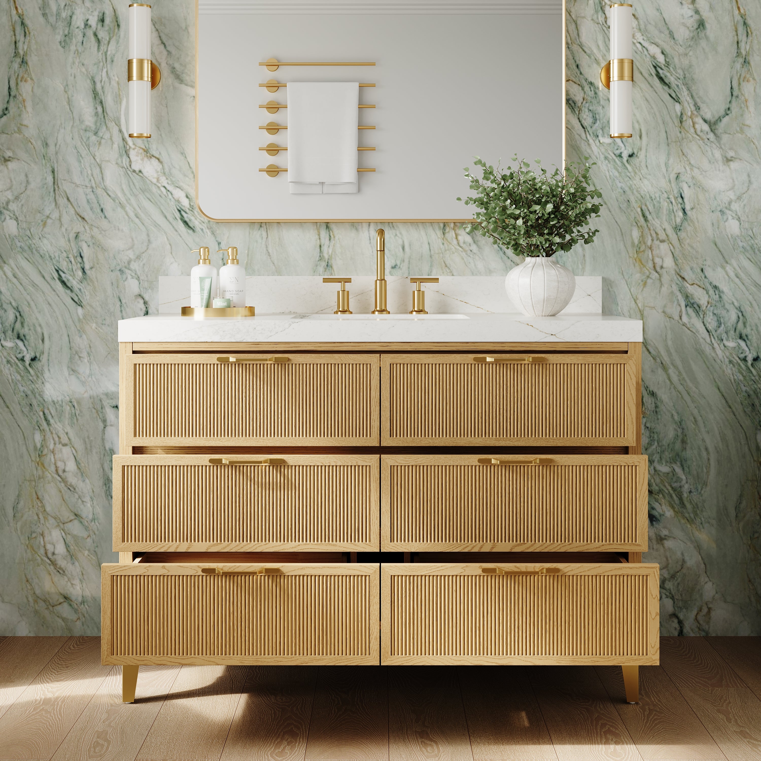 48 Inch Modern Solid Oak Bathroom Vanity with Calacatta Quartz Countertop, 6 Fluted Drawers & Brushed Gold Legs