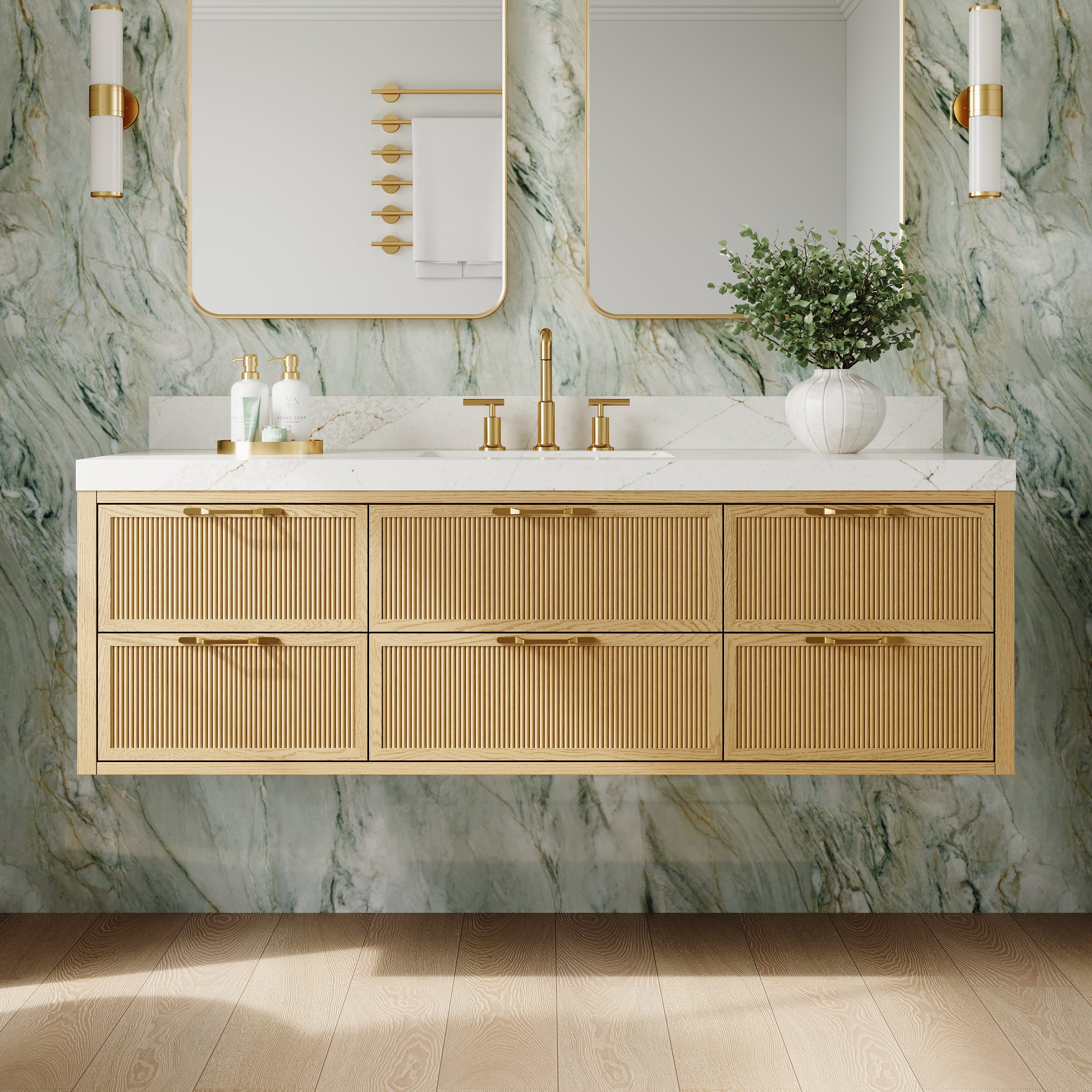 60-Inch Solid Oak Floating Bathroom Vanity with Calacatta Quartz Countertop, 6 Soft-Close Fluted Drawers