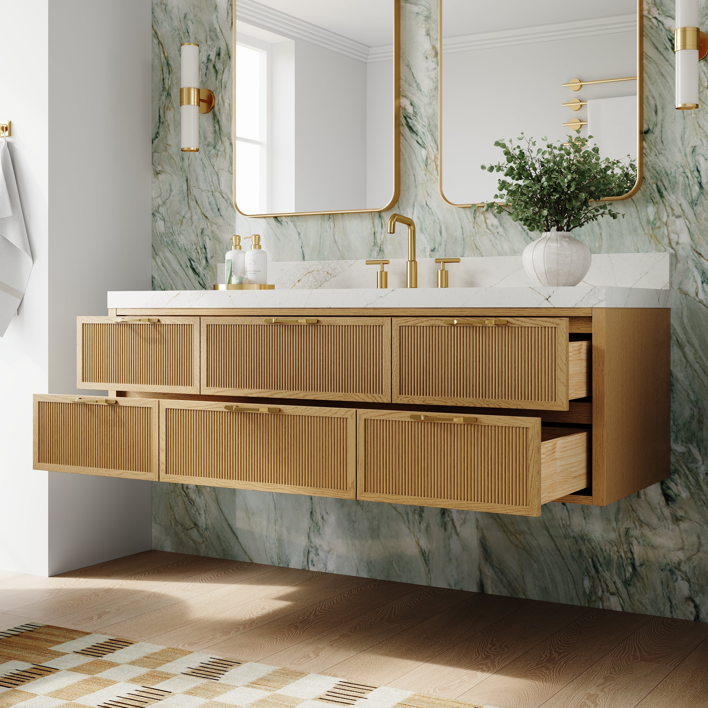 60-Inch Solid Oak Floating Bathroom Vanity with Calacatta Quartz Countertop, 6 Soft-Close Fluted Drawers