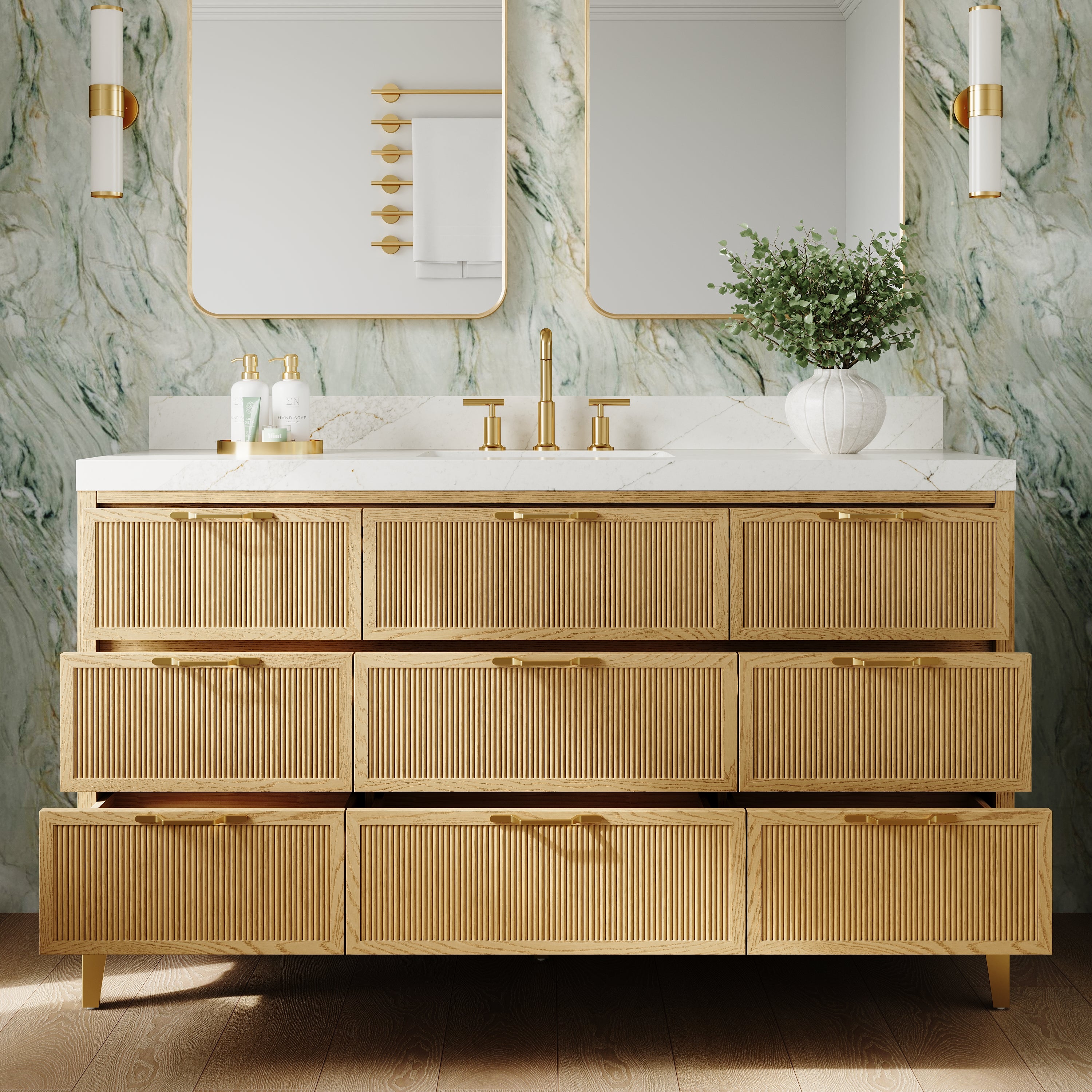 60 Inch Modern Solid Oak Bathroom Vanity with Calacatta Quartz Countertop, 9 Fluted Drawers & Brushed Gold Legs