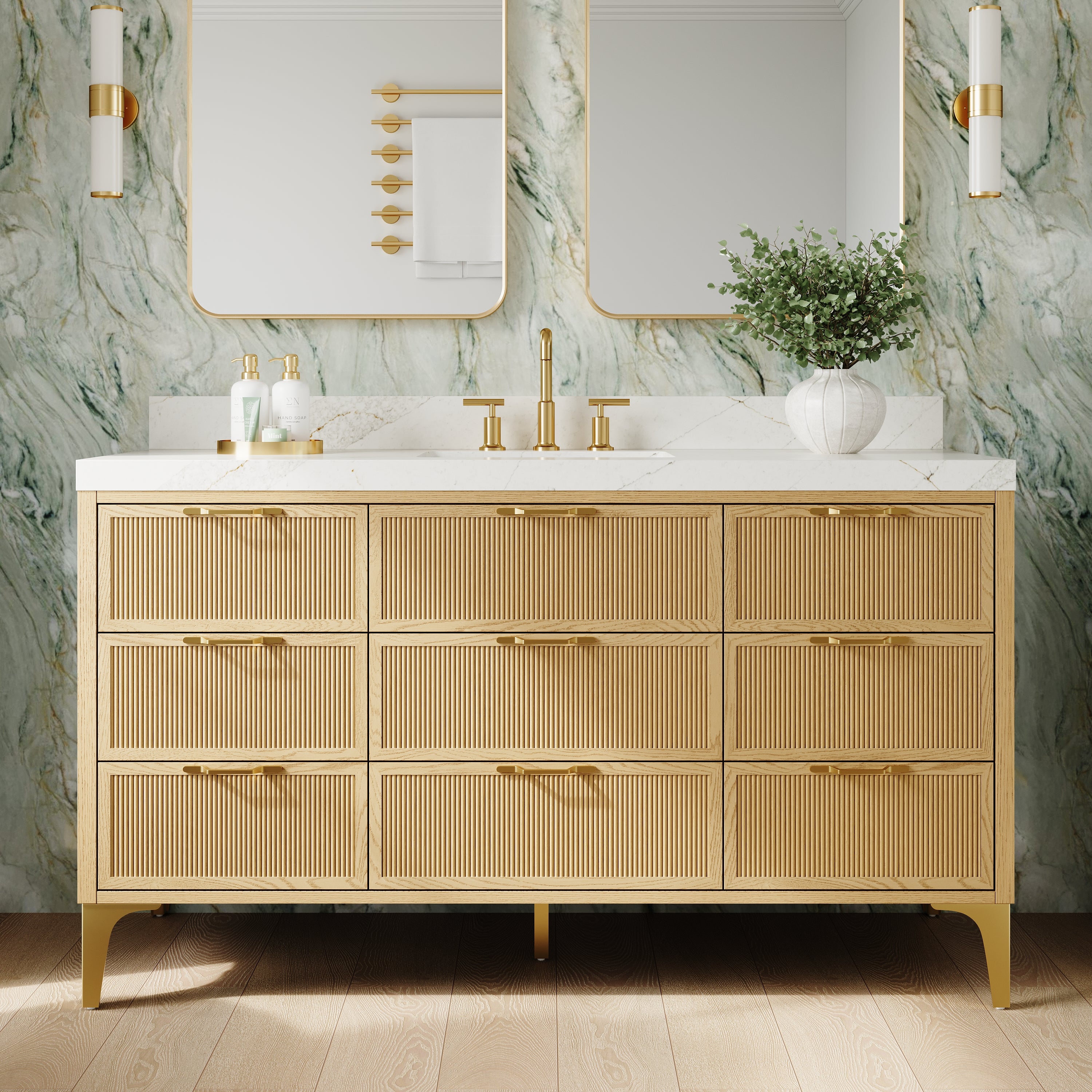 60 Inch Modern Solid Oak Bathroom Vanity with Calacatta Quartz Countertop, 9 Fluted Drawers & Brushed Gold Legs