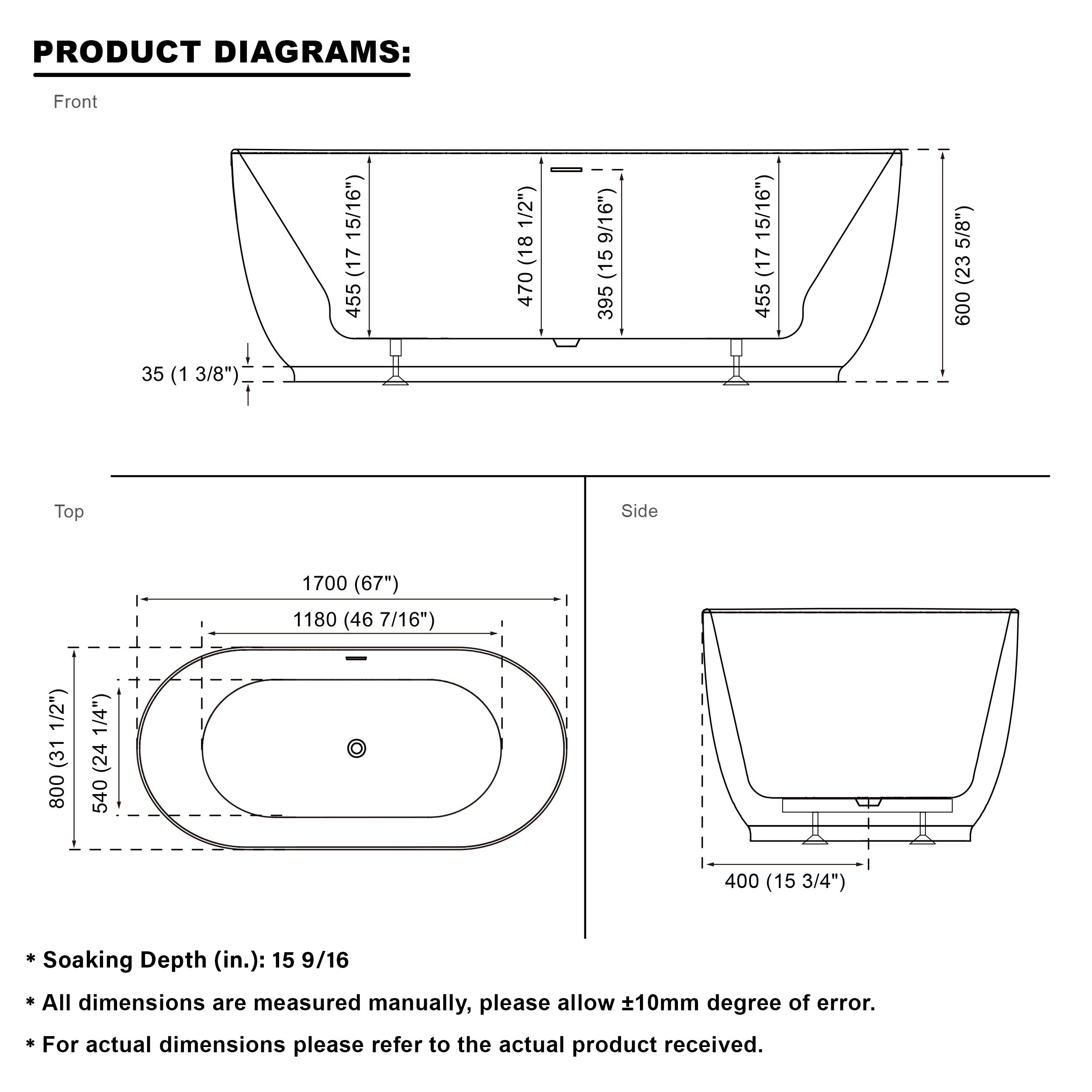 67" Acrylic Freestanding Soaking Bathtub in White with Overflow and Drain