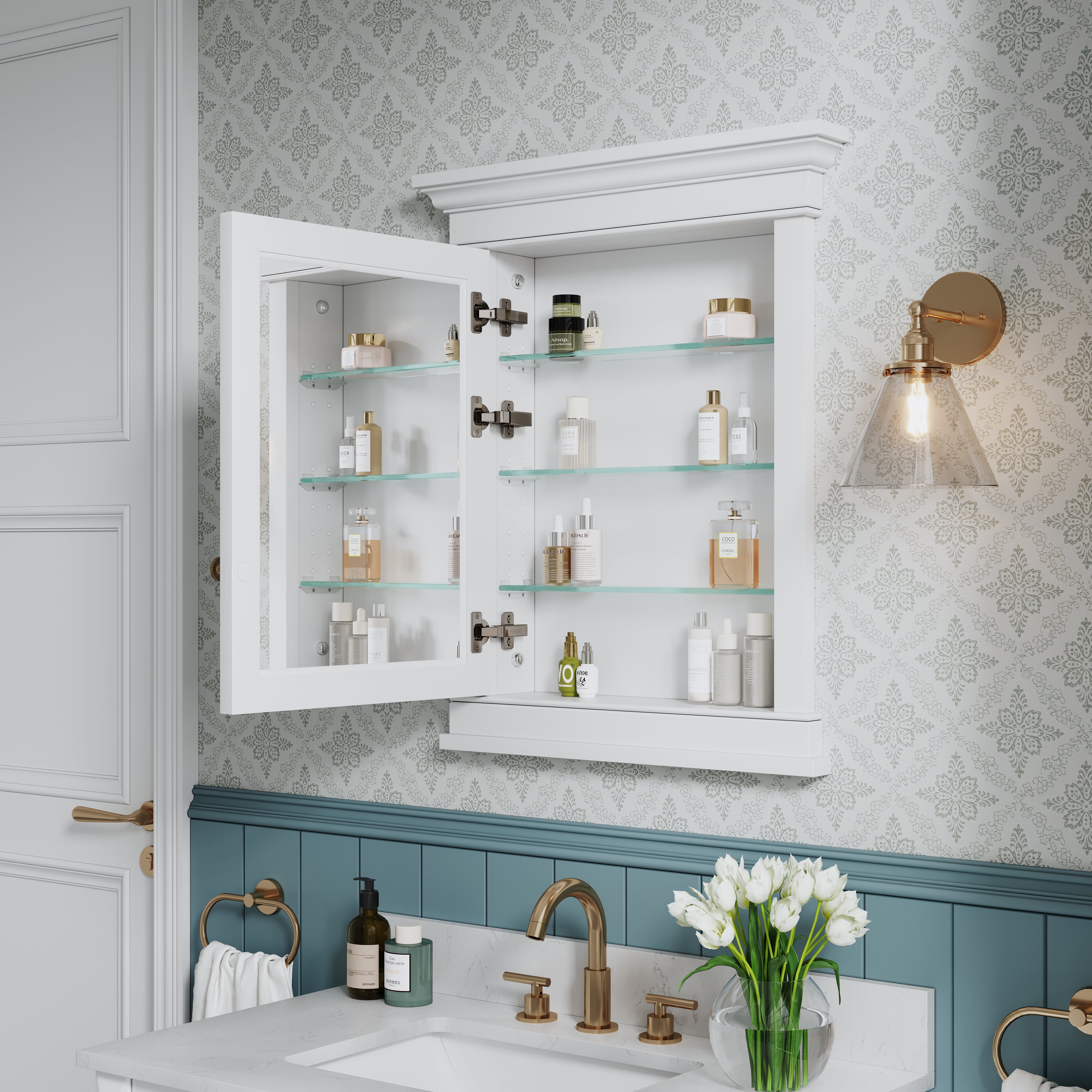 26 in. W x 32 in. H White Recessed installation Bathroom Medicine Wood Cabinet with Mirror